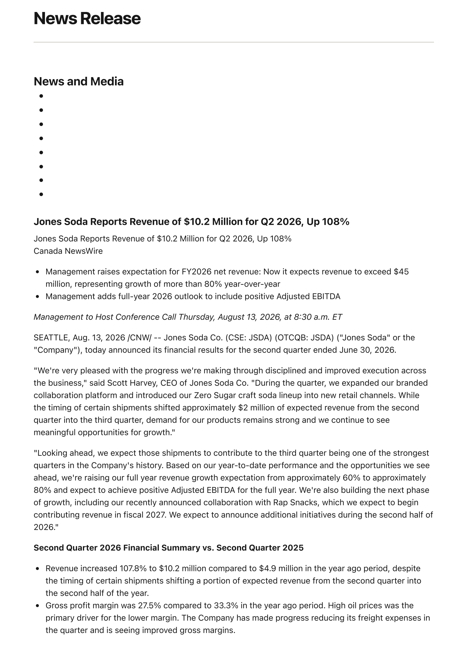 Jones Soda's Q2 2026 Press Release