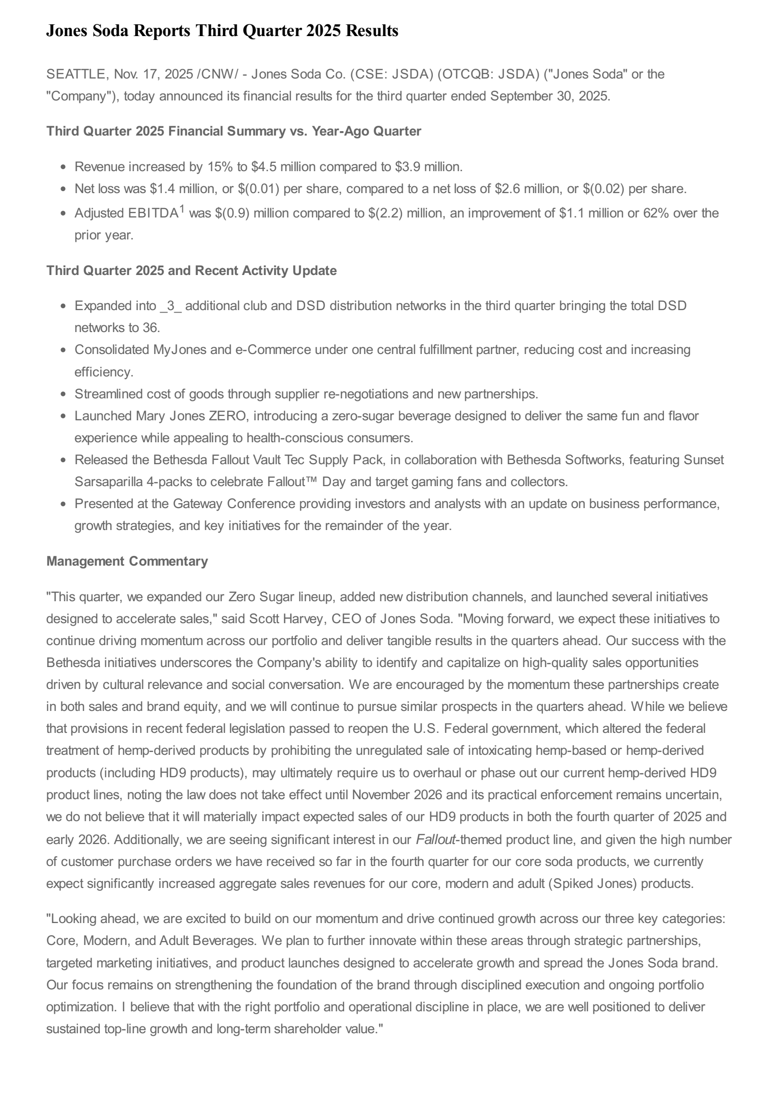 Jones Soda's Q3 2025 Earnings Release