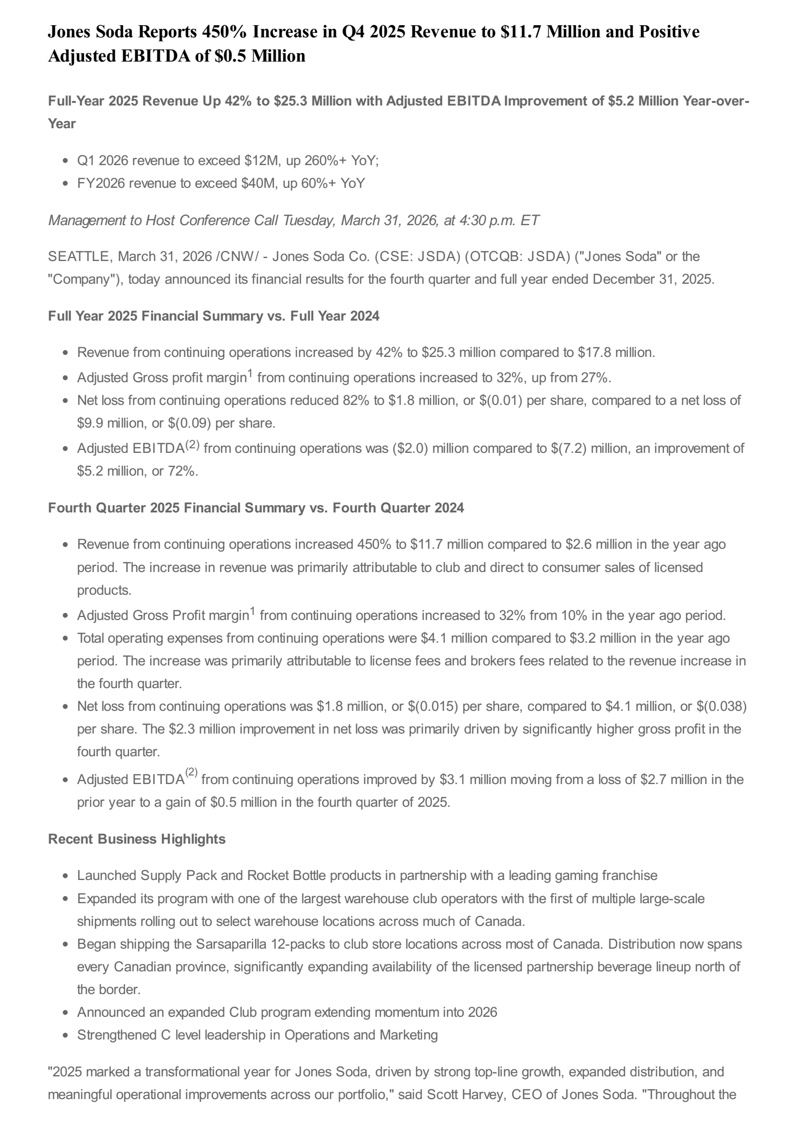 Jones Soda's Q4 2025 Press Release