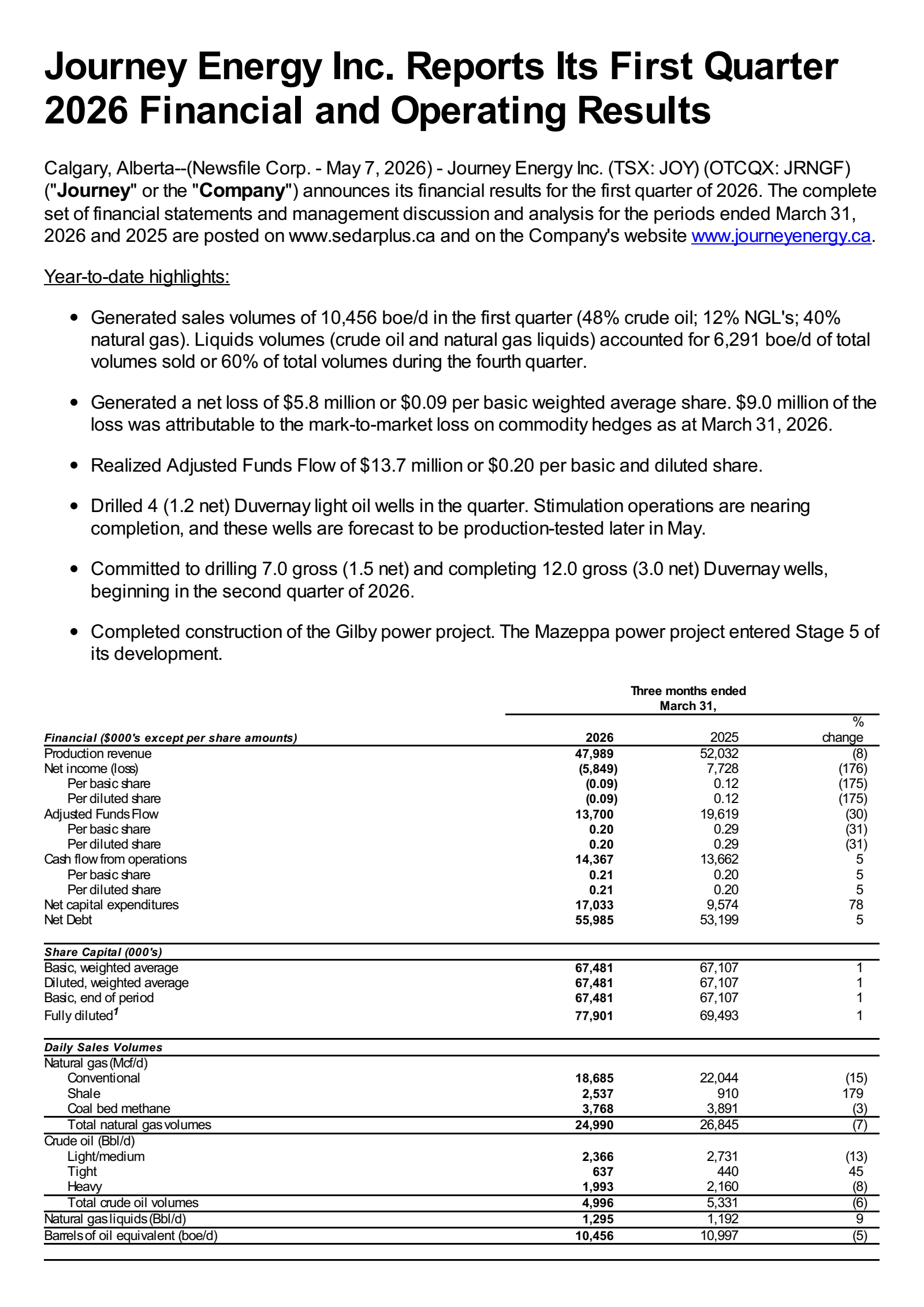 JOY's Q1 2026 Press Release
