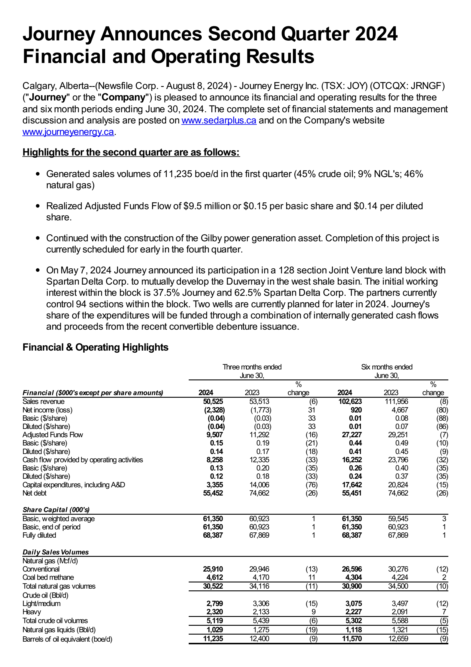 JOY's Q2 2024 Press Release