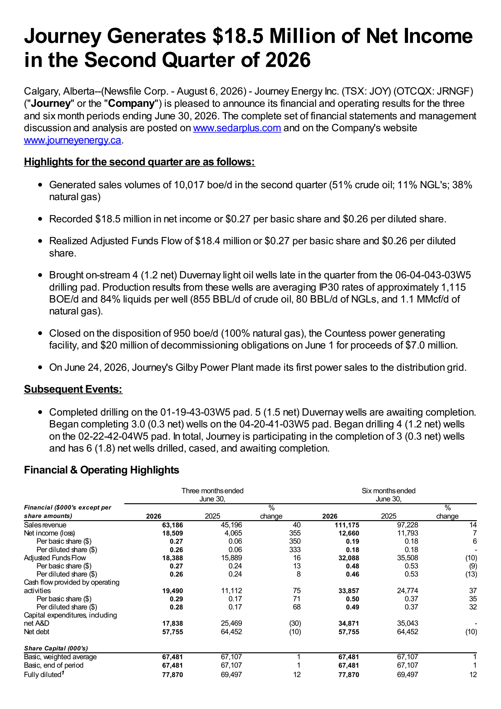 JOY's Q2 2026 Press Release