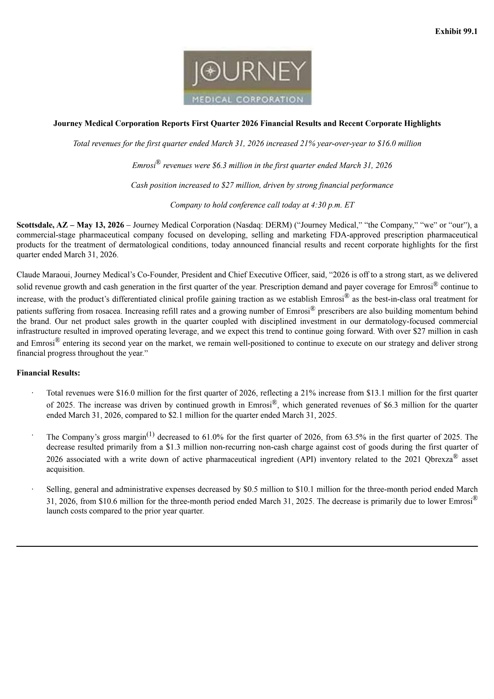 Journey Medical's Q1 2026 Press Release
