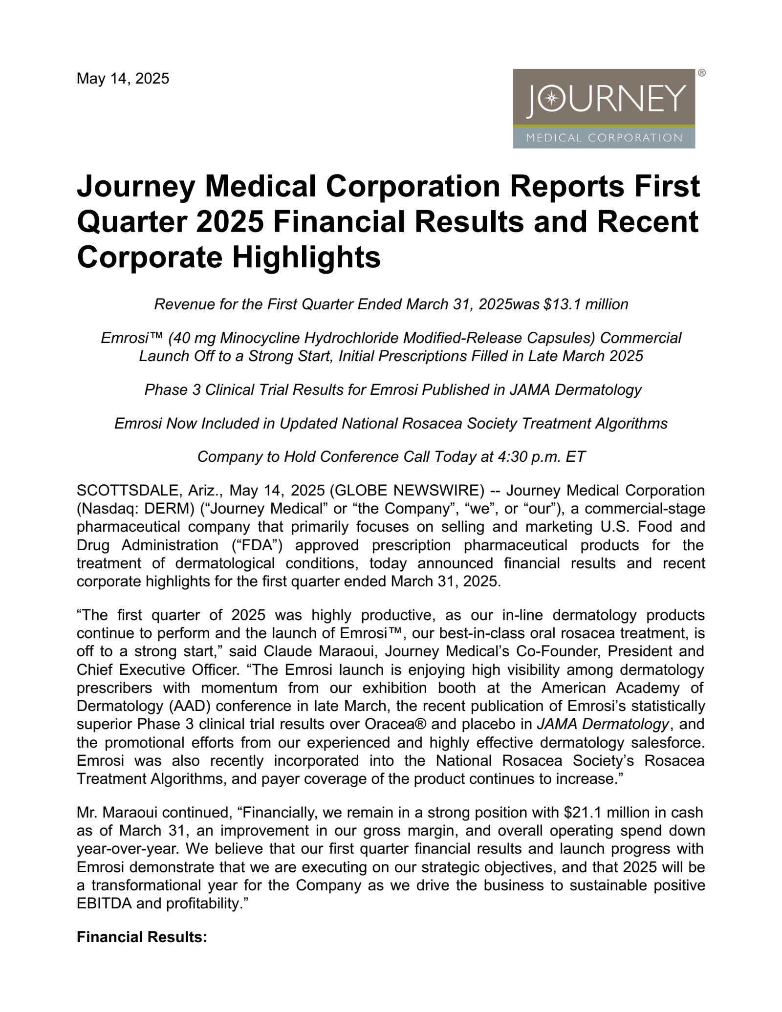Journey Medical's Q2 2025 Press Release