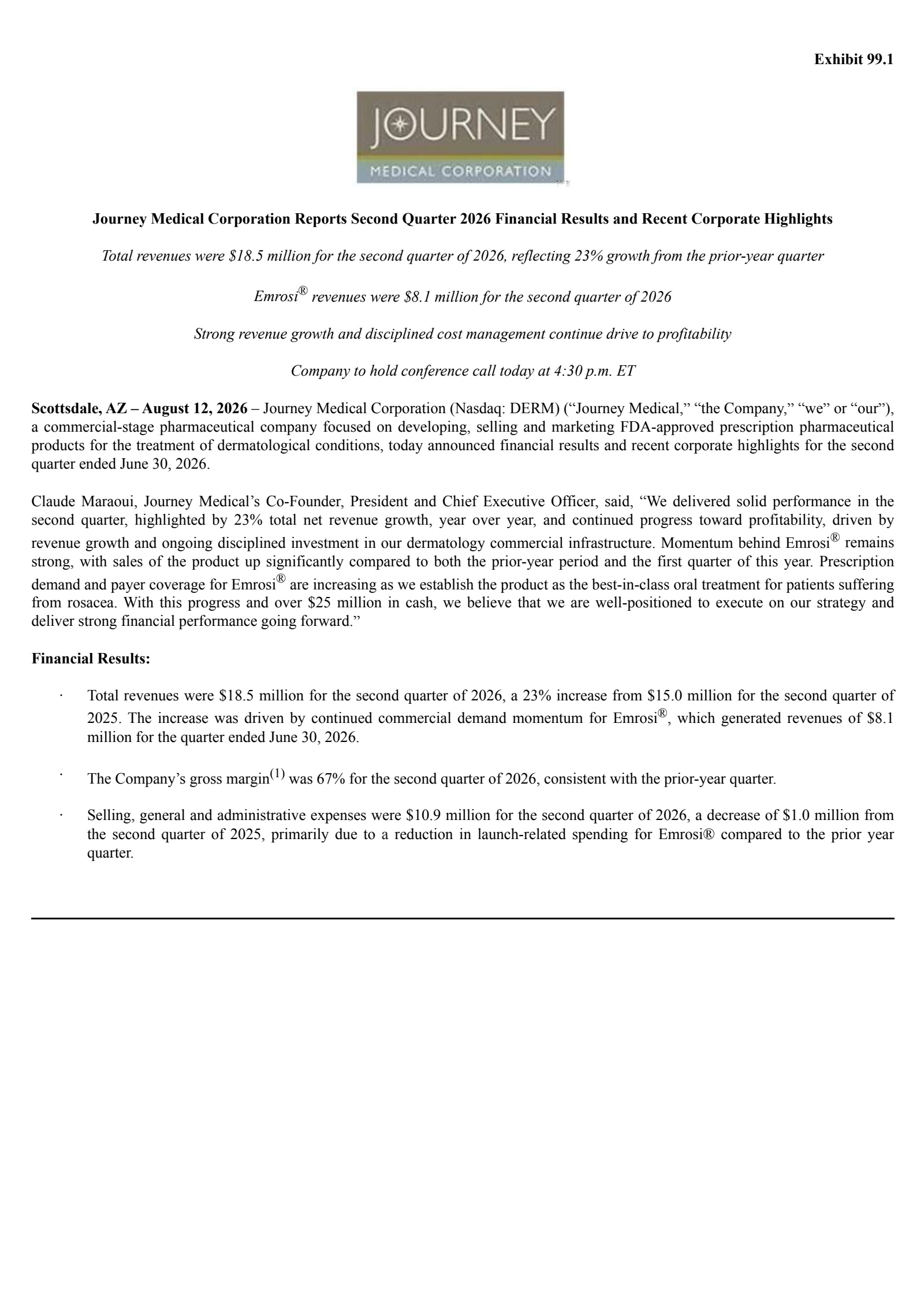 Journey Medical's Q2 2026 Press Release