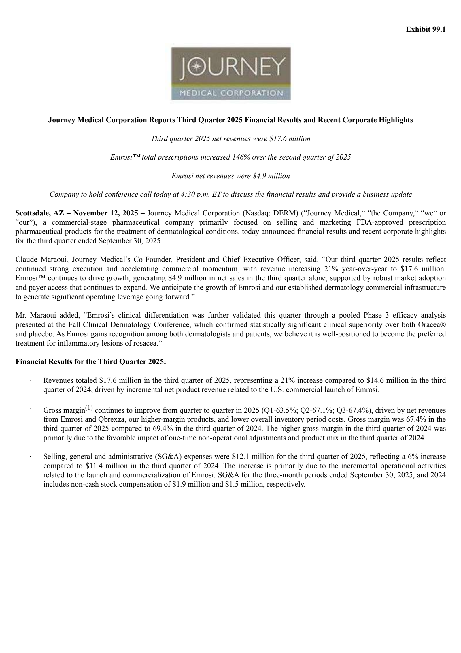 Journey Medical's Q3 2025 Earnings Release