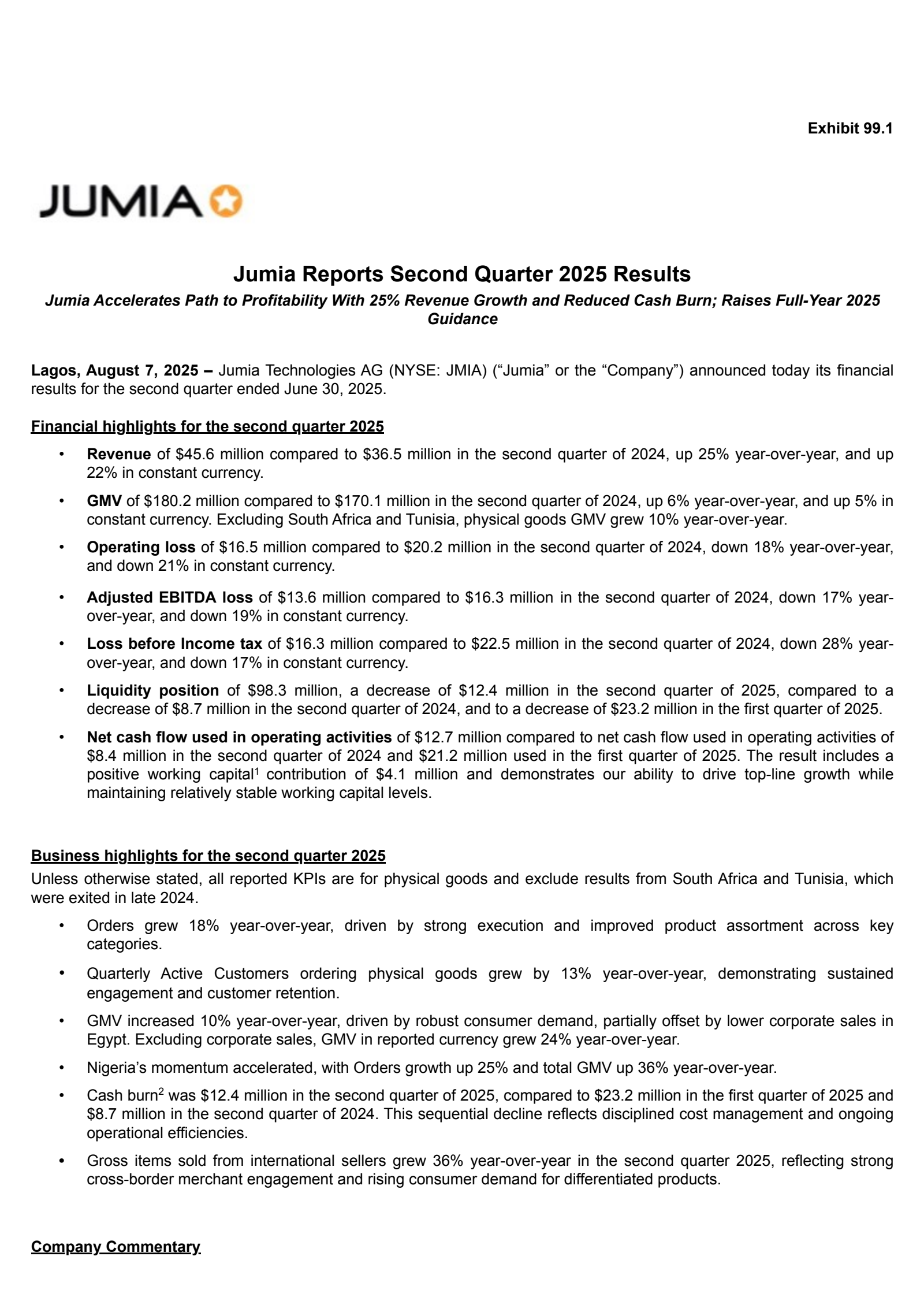 Jumia Technologies' Q2 2025 Press Release