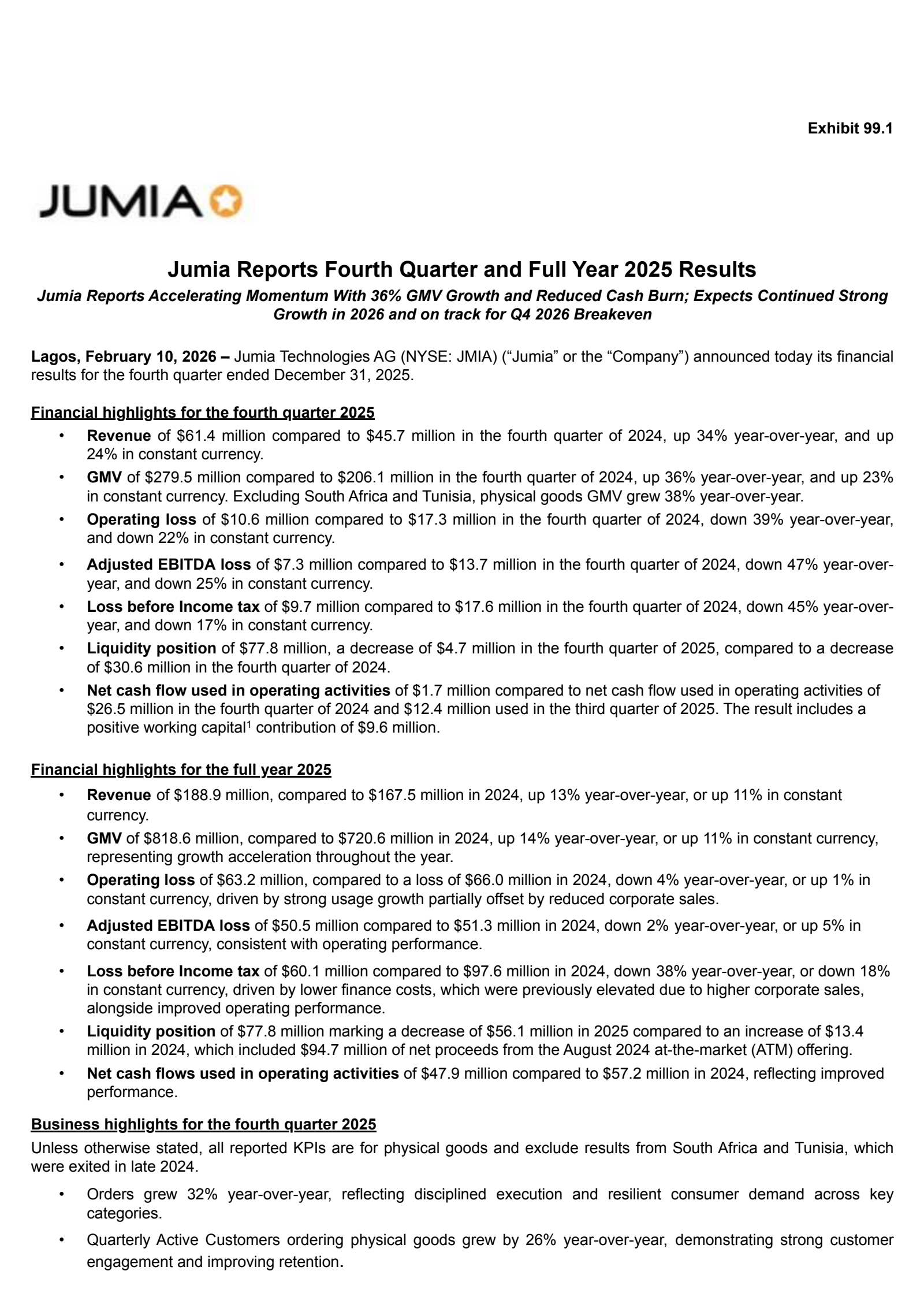Jumia Technologies' Q4 2025 Press Release