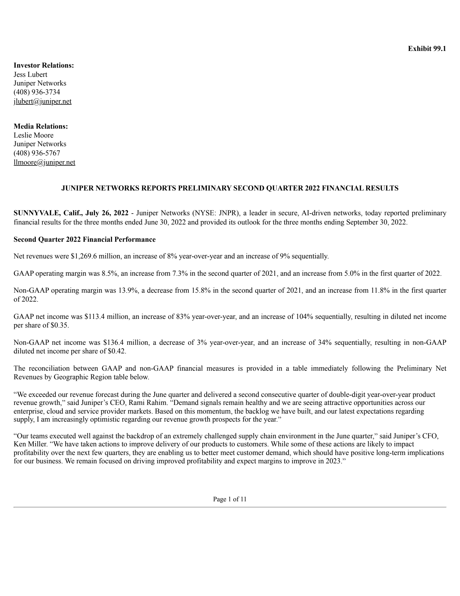 Juniper Networks' Q2 2022 Press Release