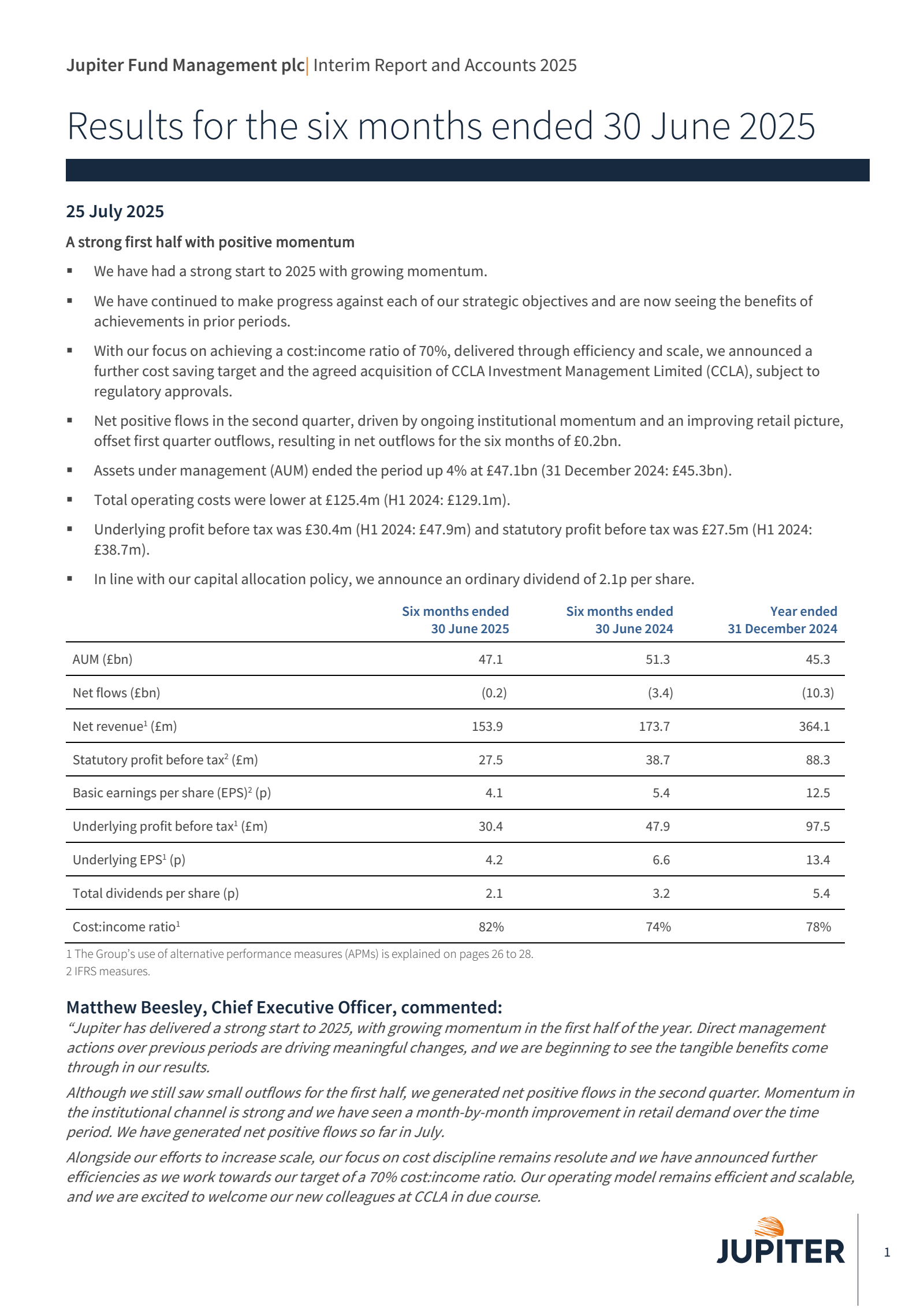 Jupiter Fund Management's H1 2025 Interim report