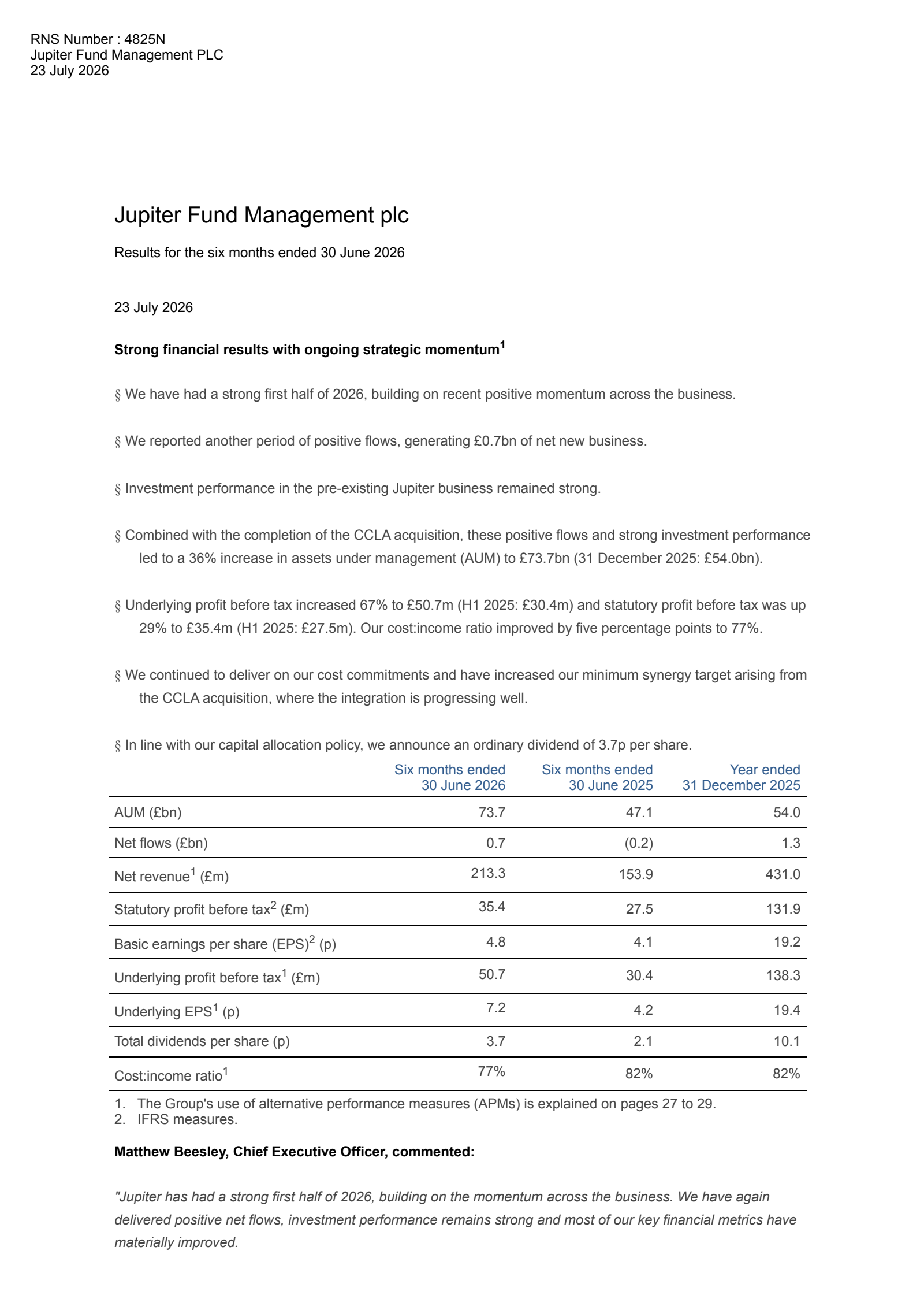 Jupiter Fund Management's H1 2026 Interim report