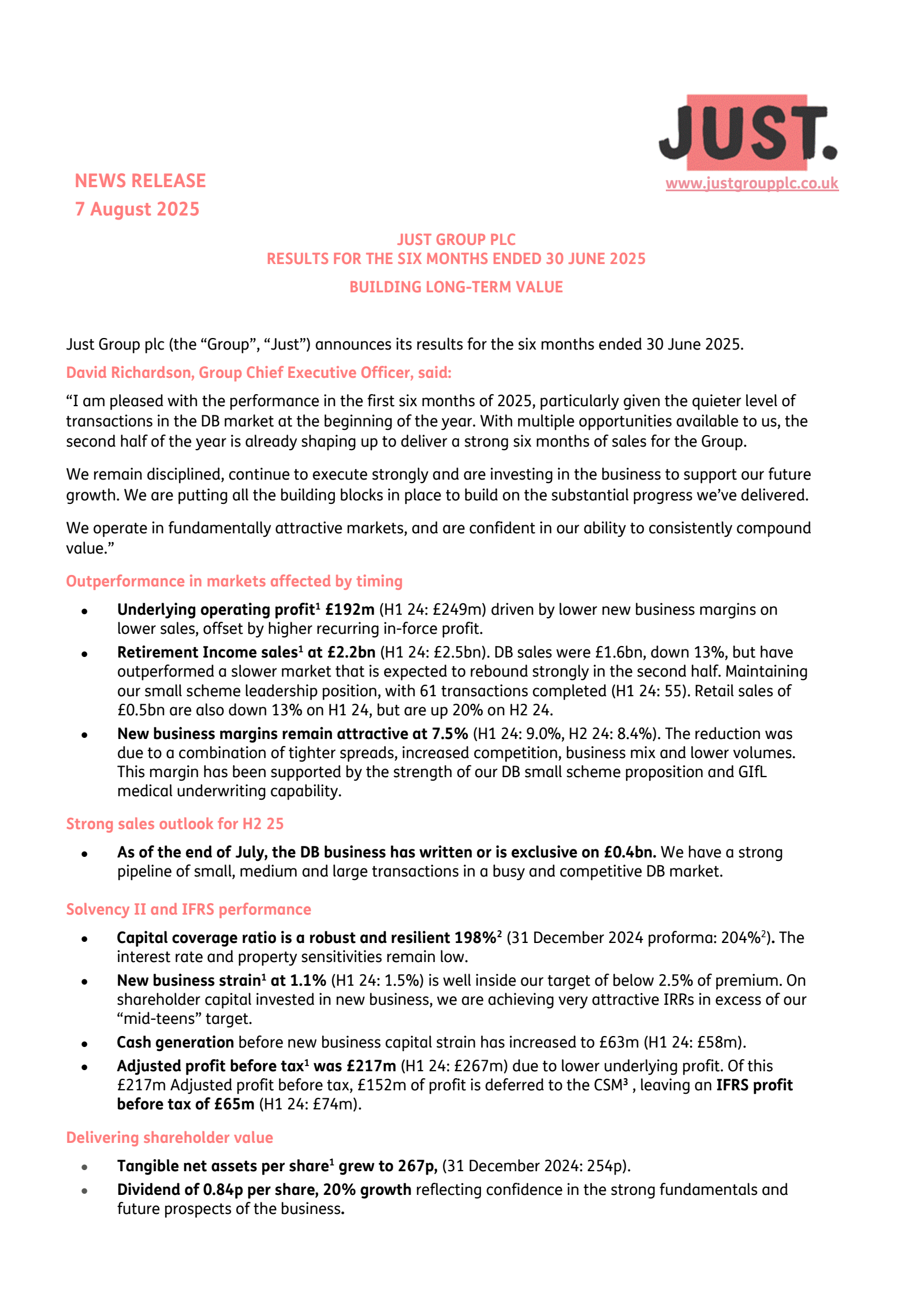 Just Group's H1 2025 Interim report