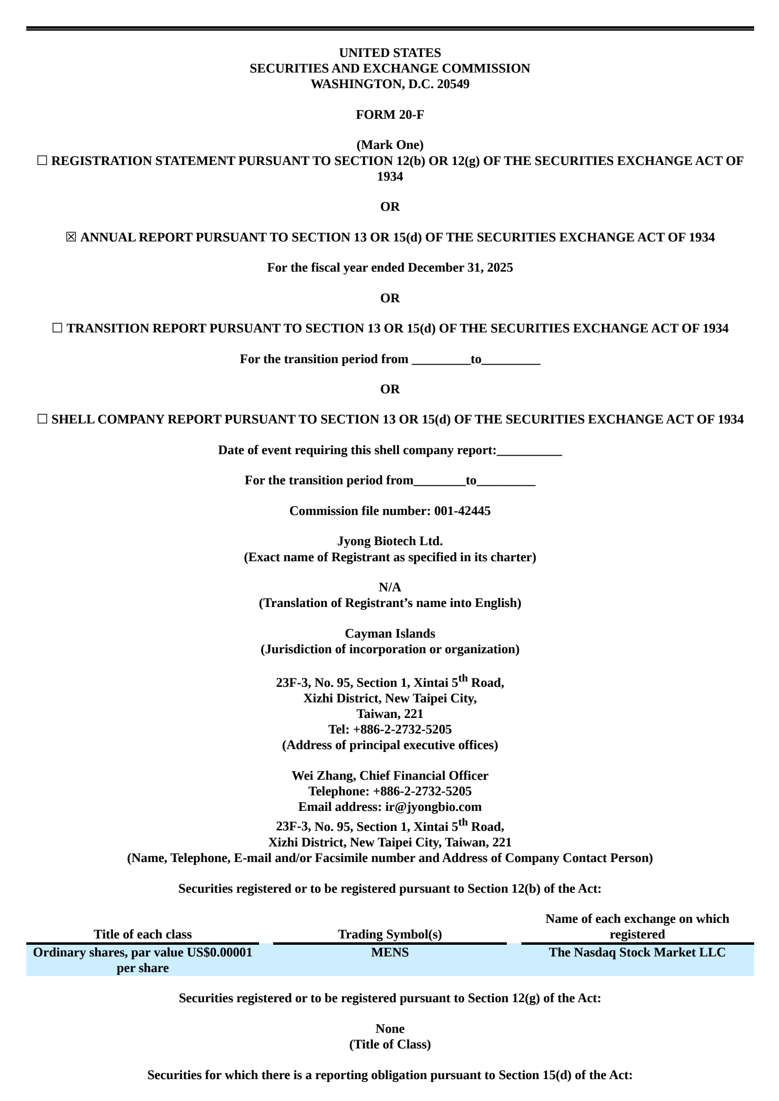 Jyong Biotech's Q4 2025 Annual report