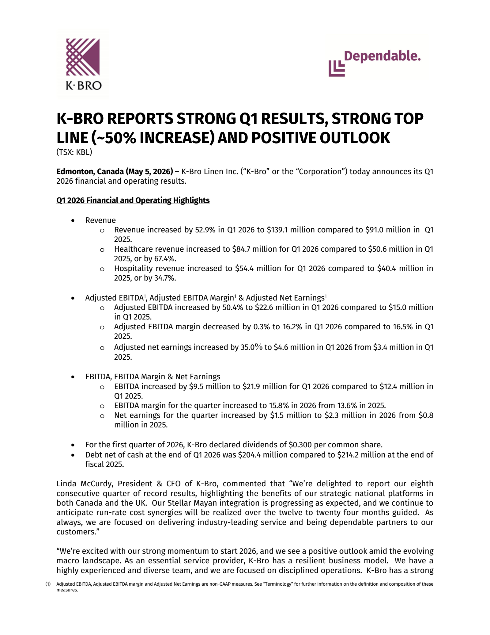 K-Bro Linen's Q1 2026 Press Release