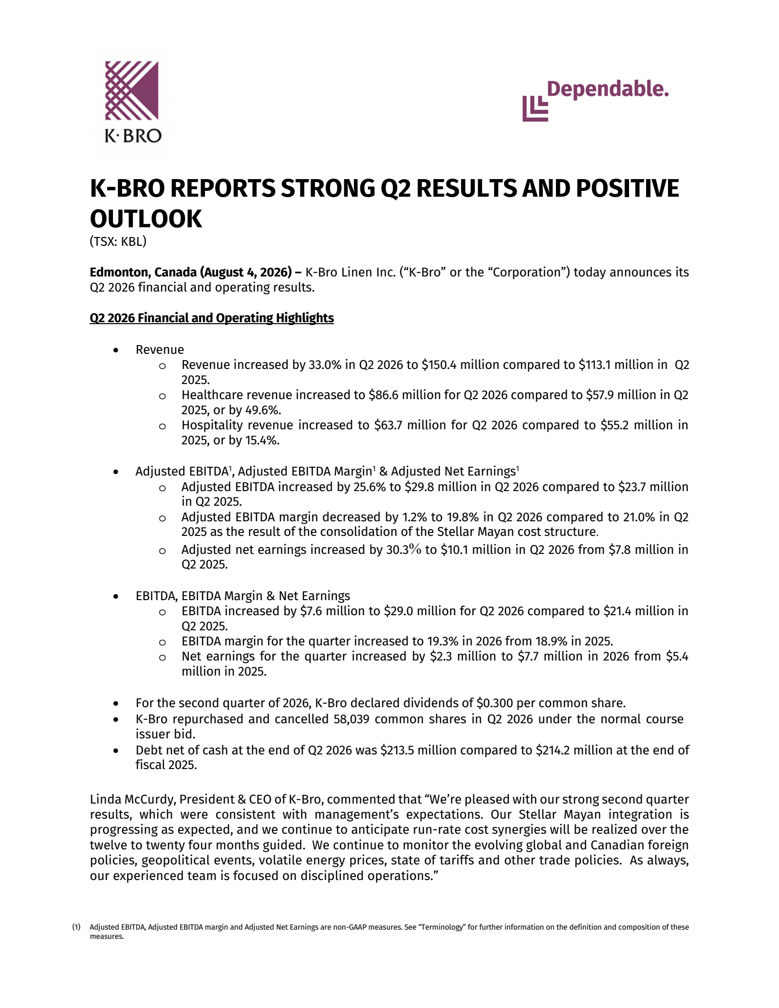 K-Bro Linen's Q2 2026 Press Release