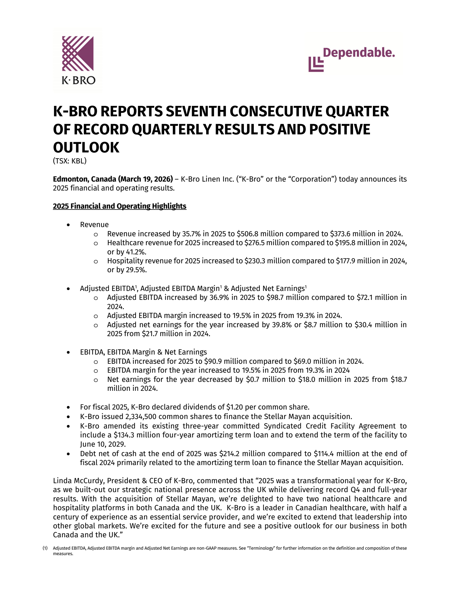 K-Bro Linen's Q4 2025 Press Release