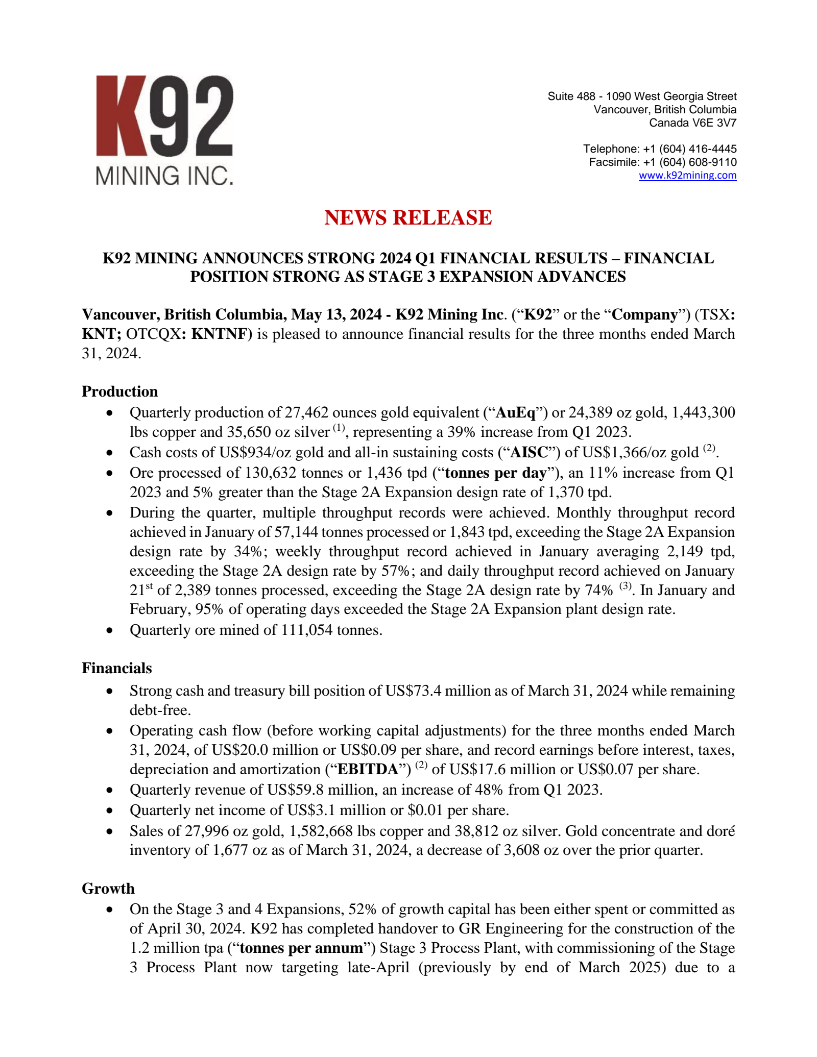 K92 Mining's Q1 2024 Interim report