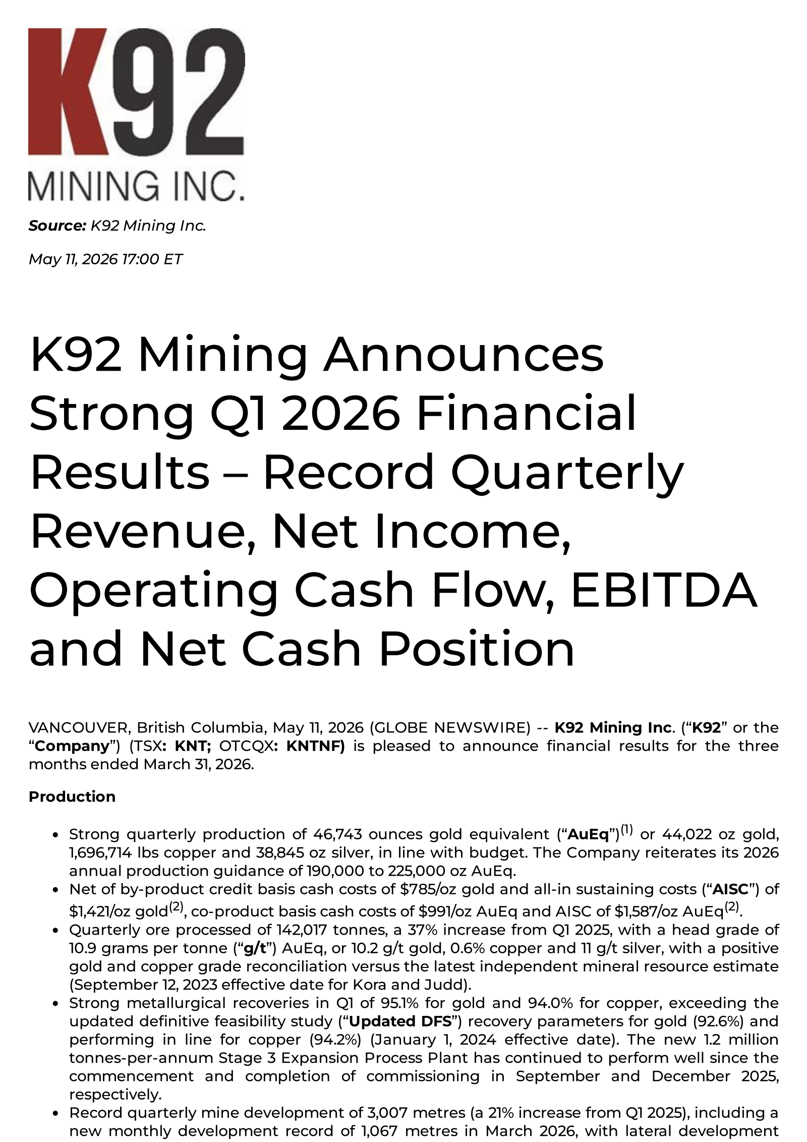 K92 Mining's Q1 2026 Press Release