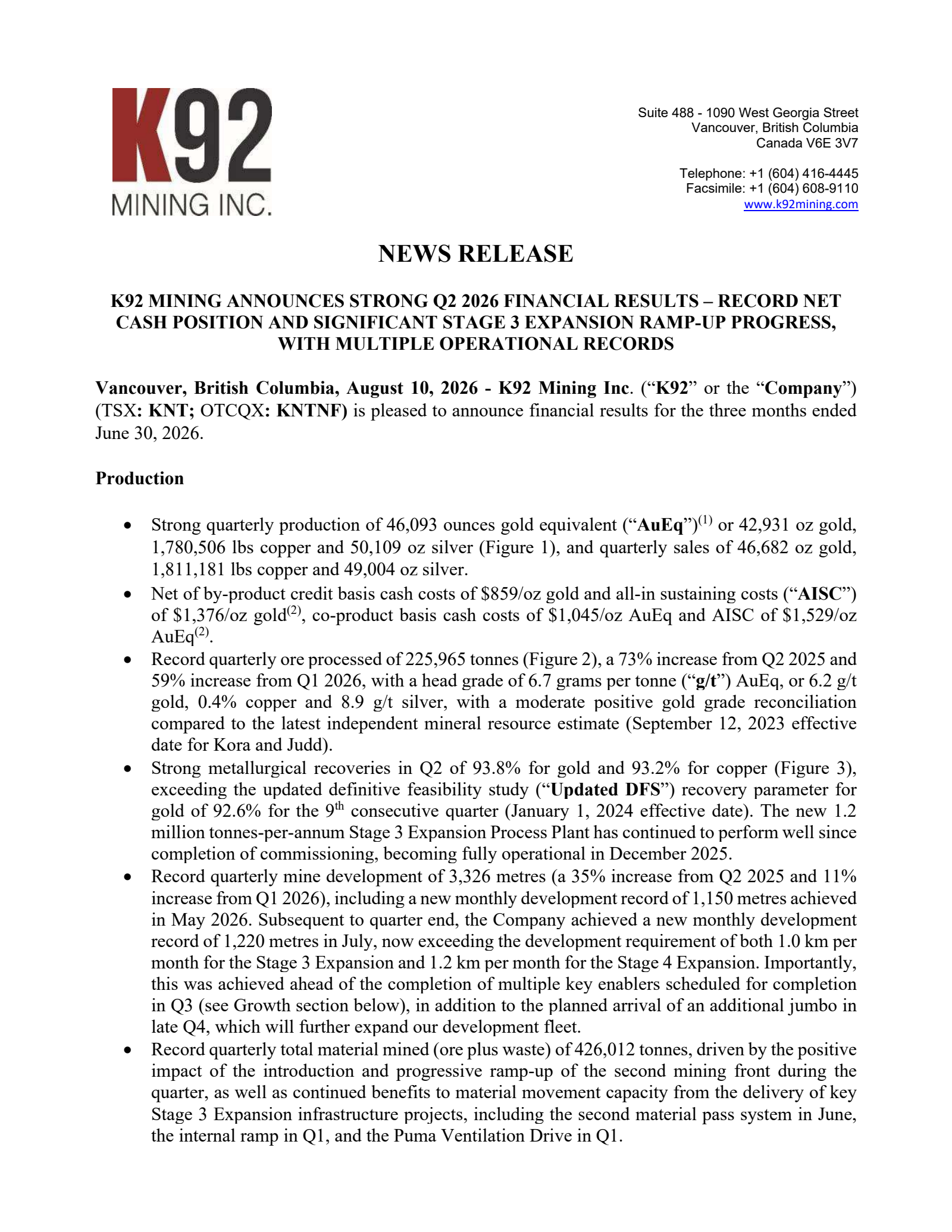 K92 Mining's Q2 2026 Press Release