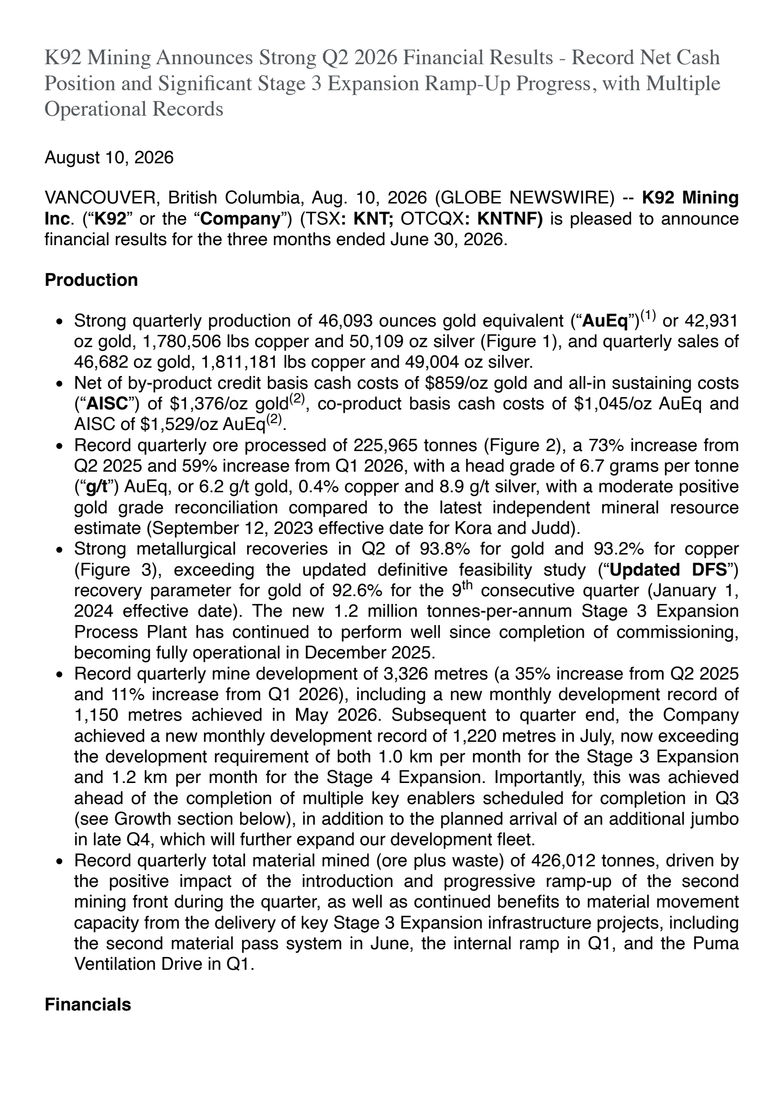 K92 Mining's Q2 2026 Press Release