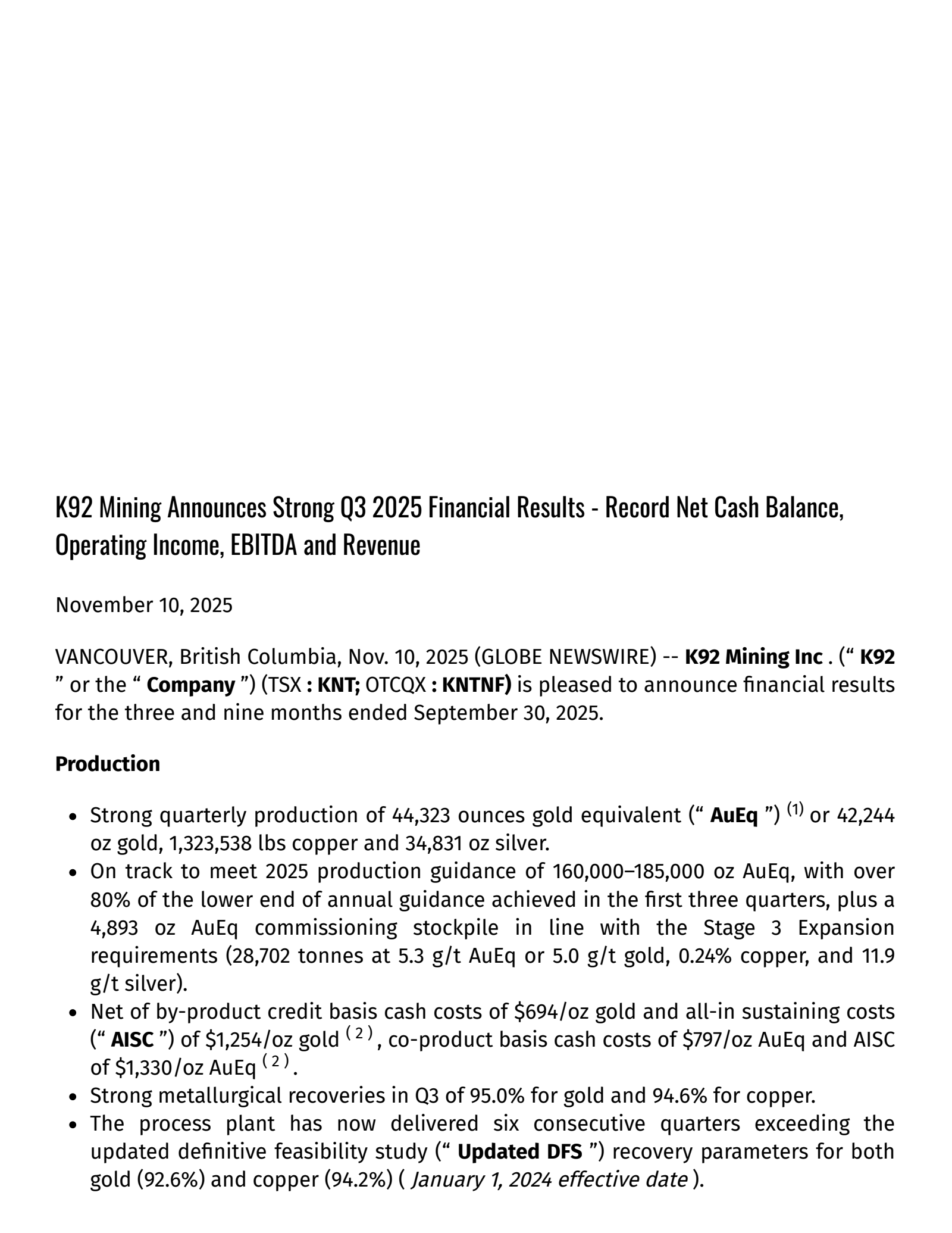 K92 Mining's Q3 2025 Press Release