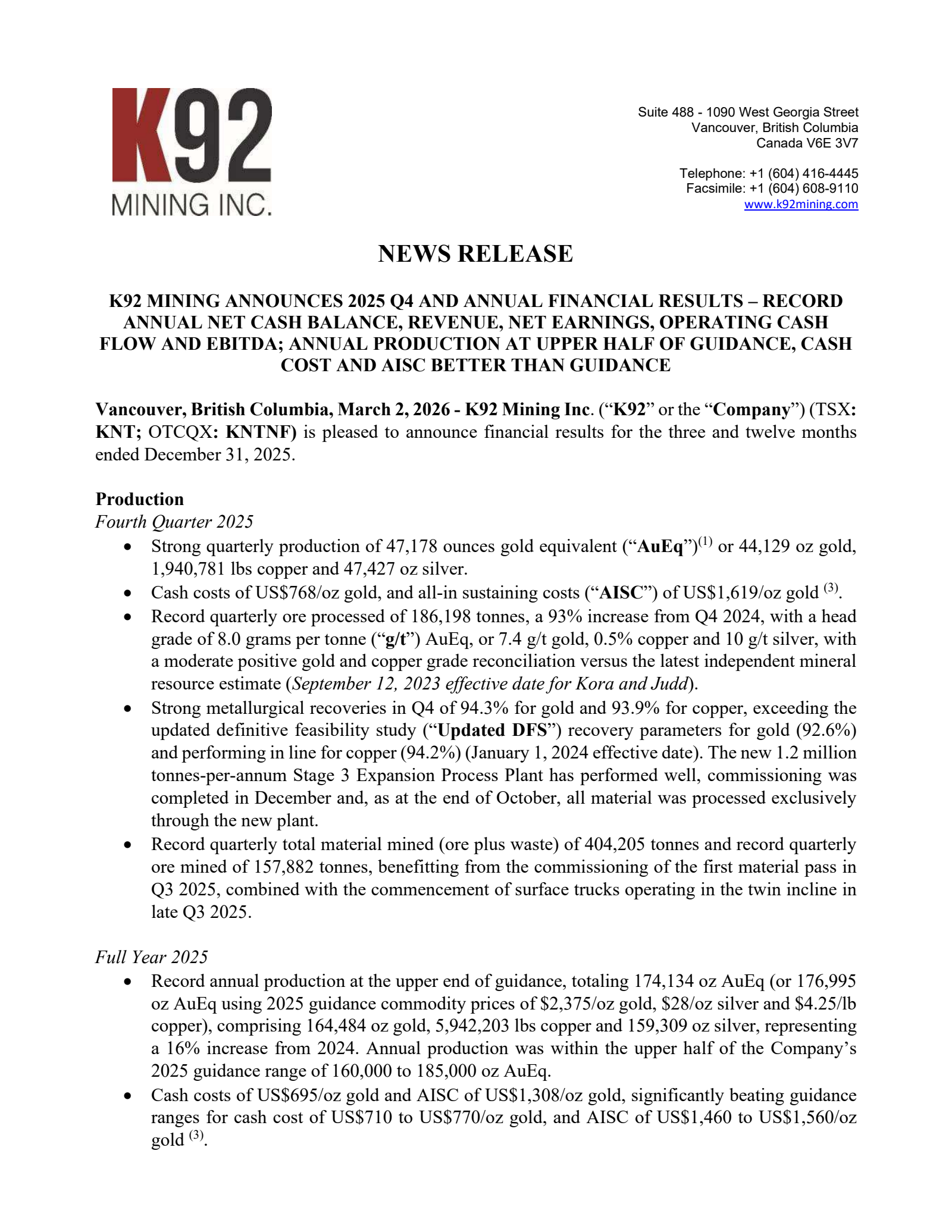 K92 Mining's Q4 2025 Press Release
