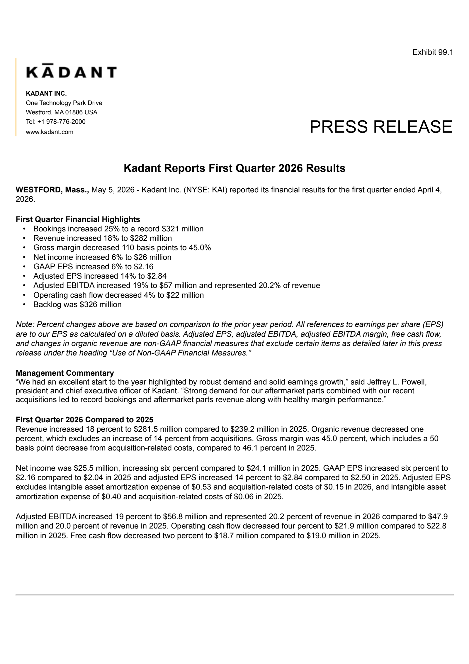 Kadant's Q1 2026 Press Release