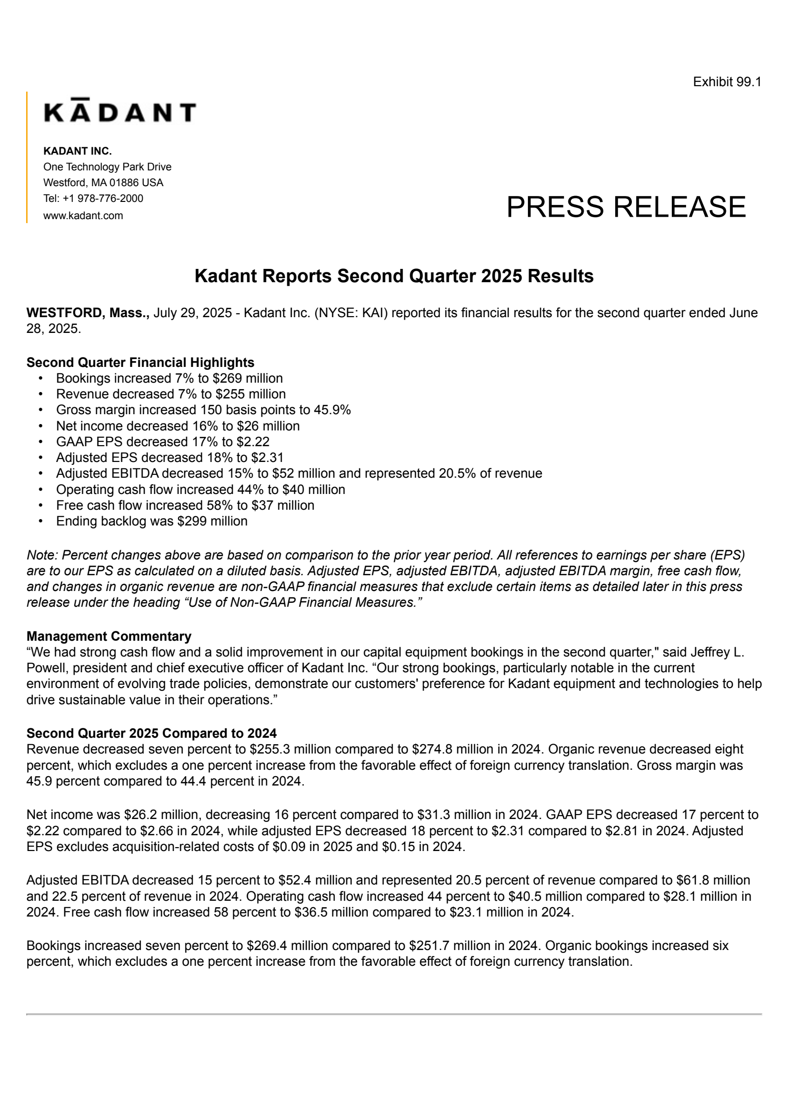 Kadant's Q2 2025 Press Release