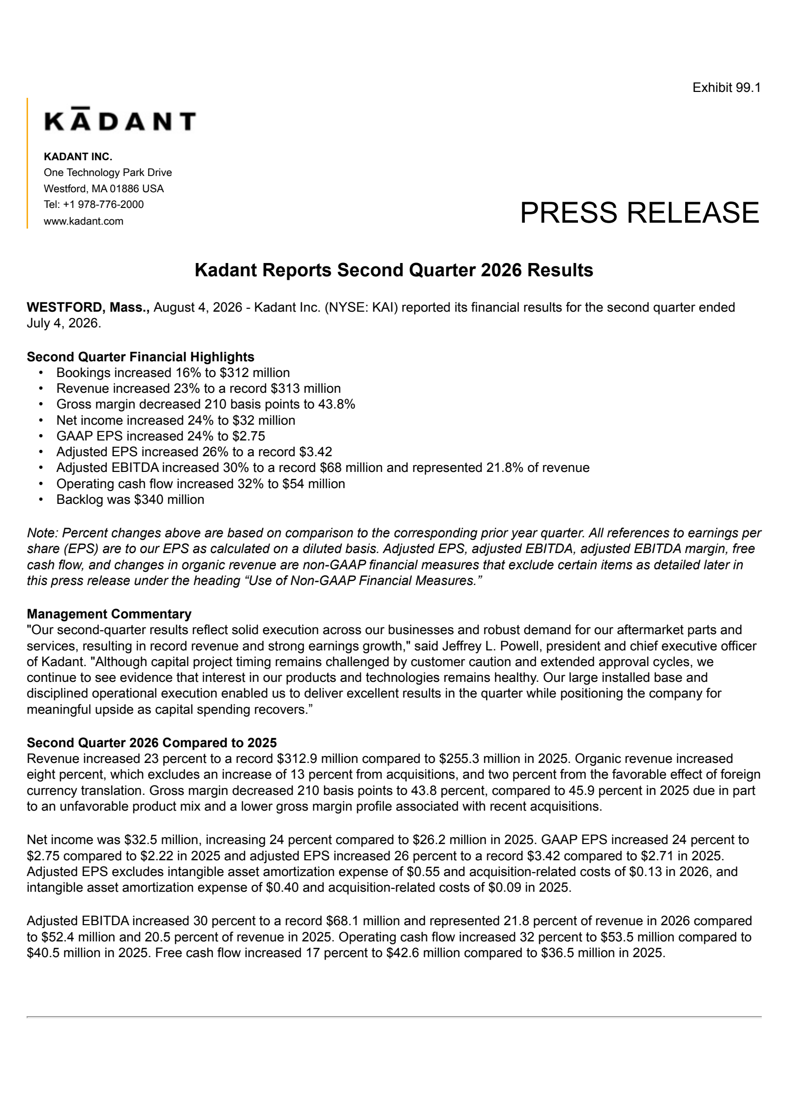 Kadant's Q2 2026 Press Release