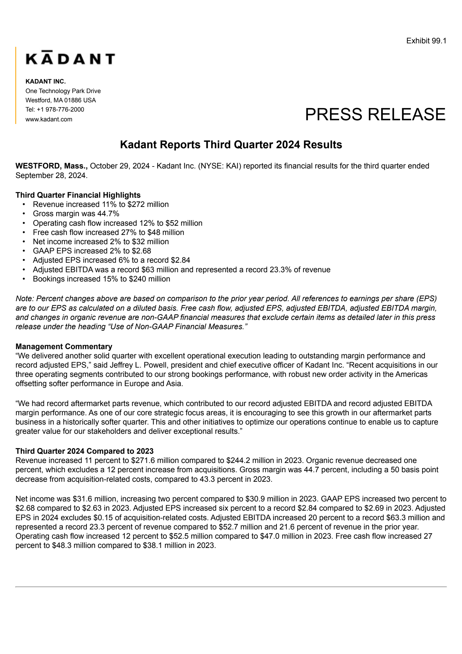 Kadant's Q3 2024 Press Release