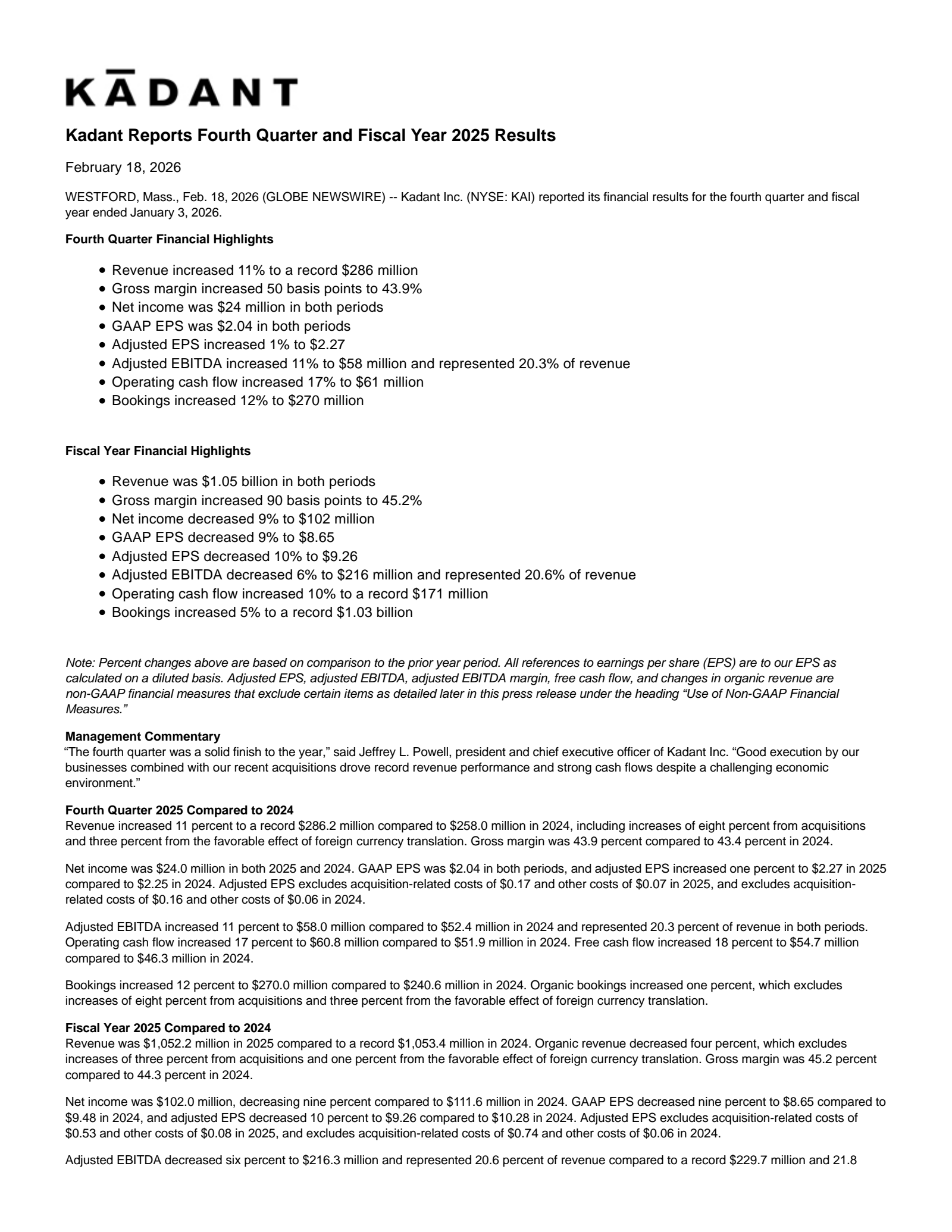 Kadant's Q4 2025 Press Release