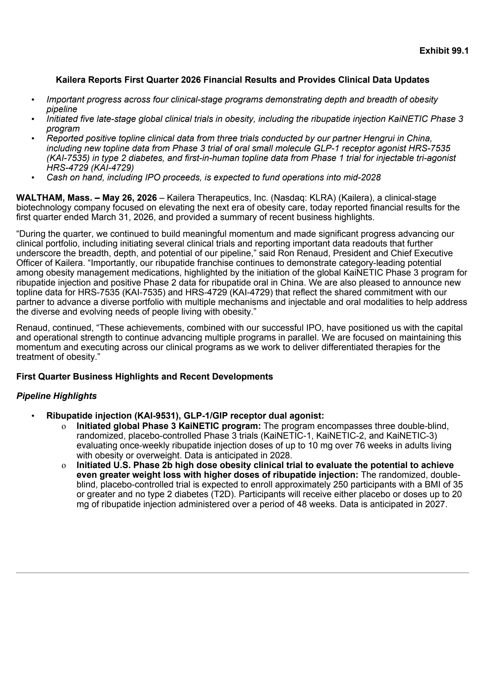 Kailera Therapeutics' Q1 2026 Press Release