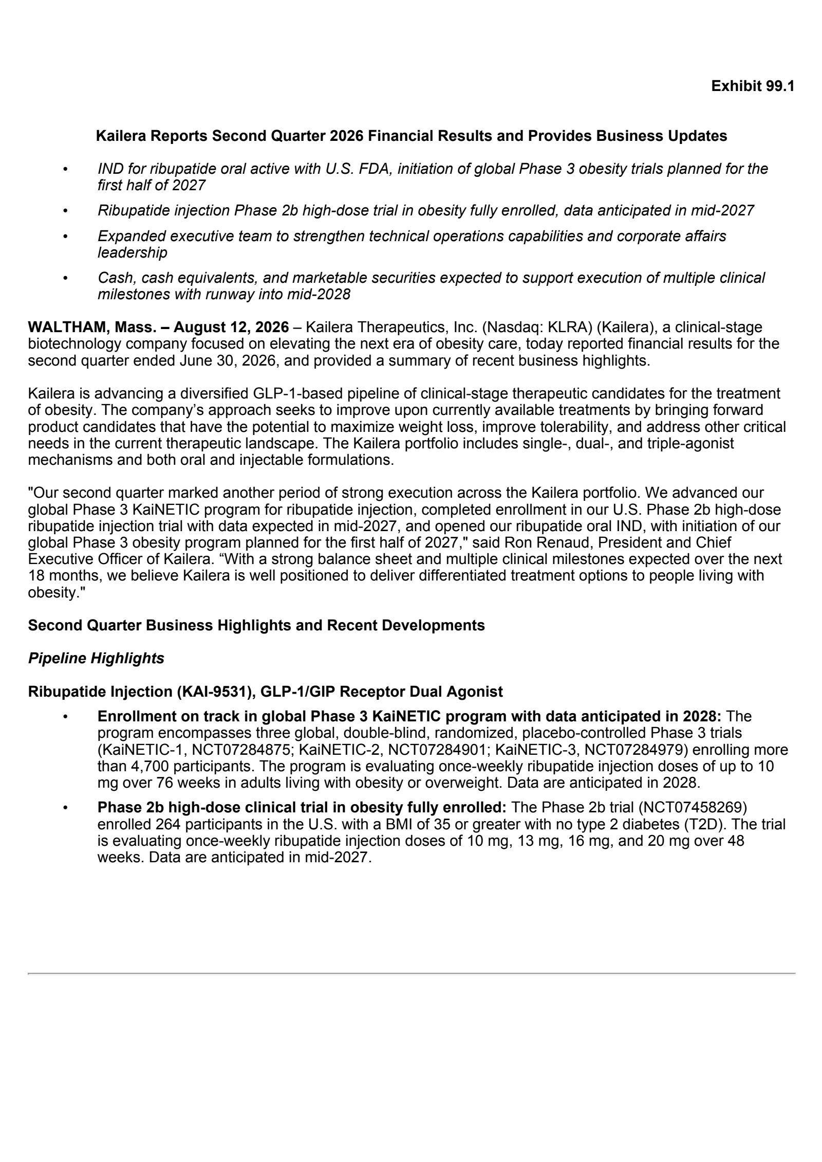 Kailera Therapeutics' Q2 2026 Press Release
