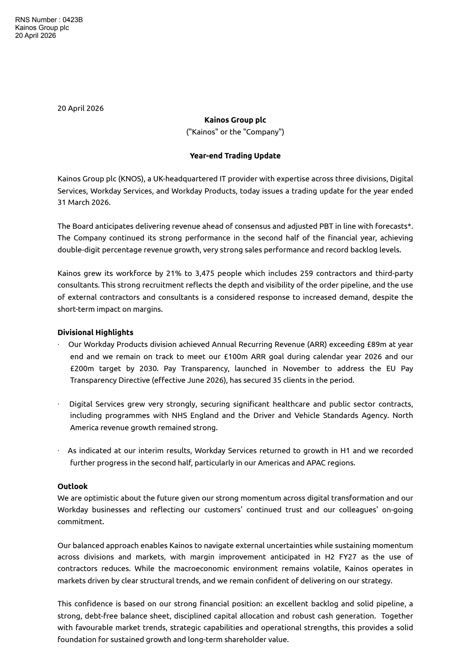 Kainos Group's Q4 2026 TU Press Release