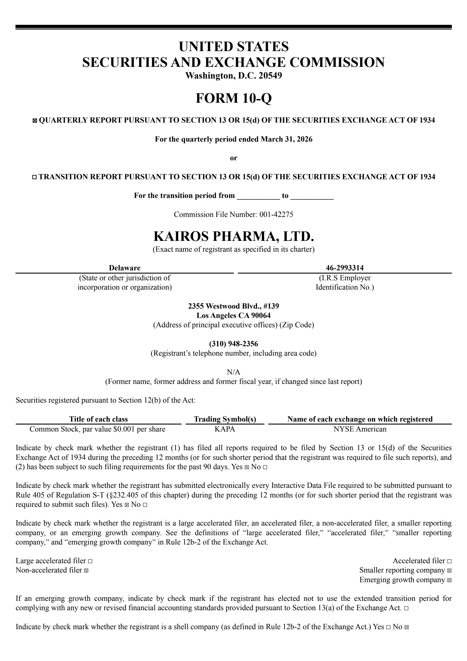 Kairos Pharma's Q1 2026 Quarterly report