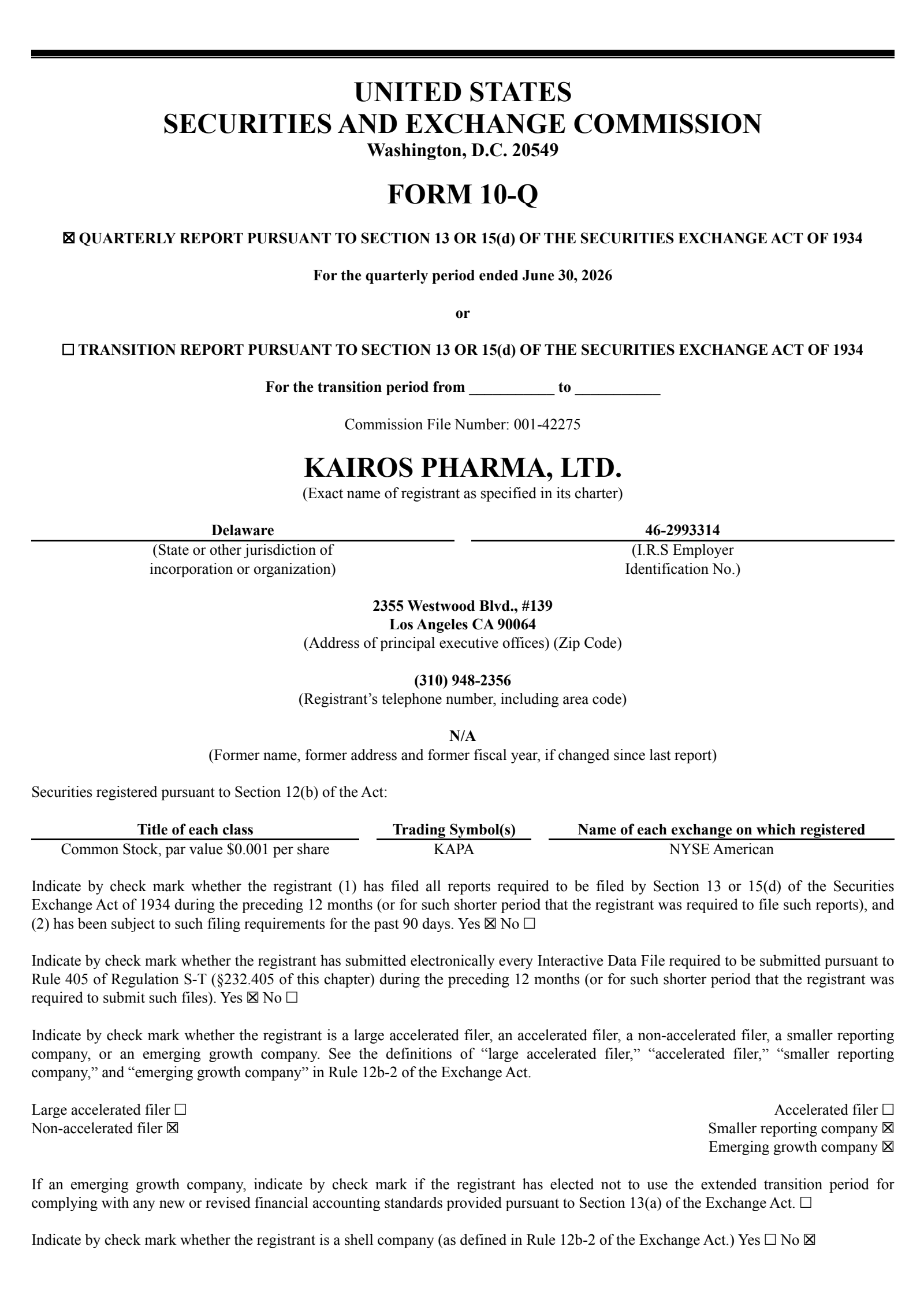 Kairos Pharma's Q2 2026 Quarterly report