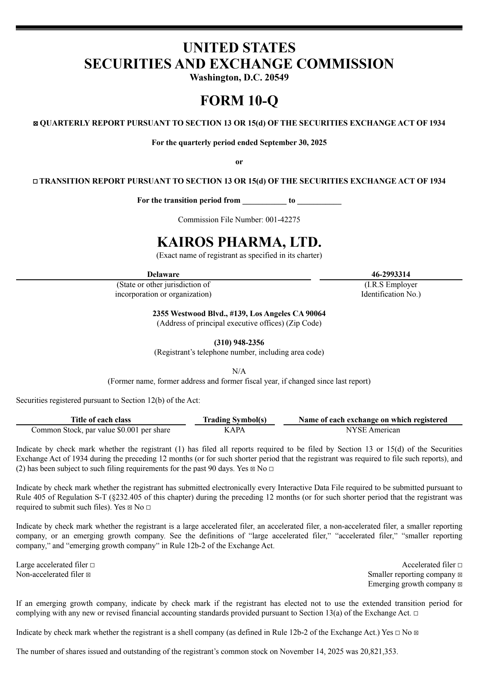 Kairos Pharma's Q3 2025 Quarterly Report