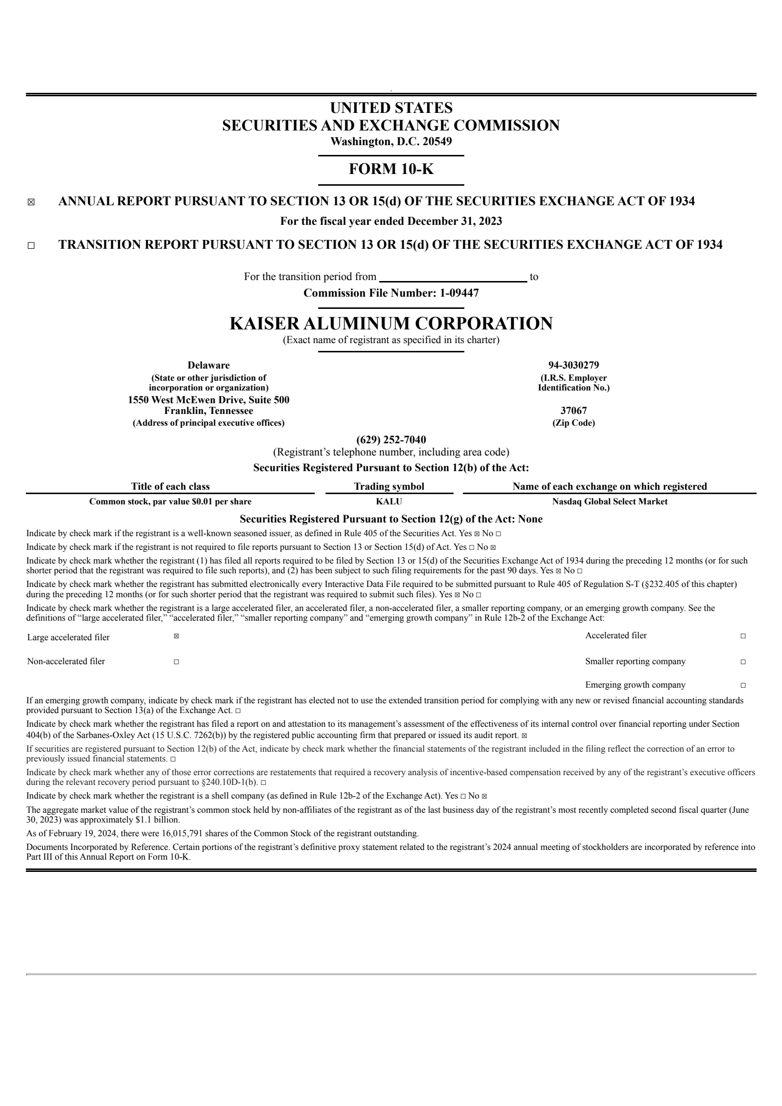 Kaiser Aluminum's Q4 2023 Annual report