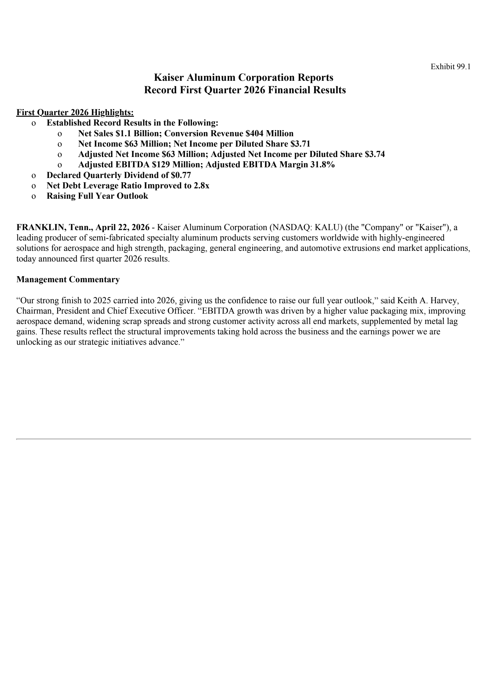 Kaiser Aluminum's Q1 2026 Press Release