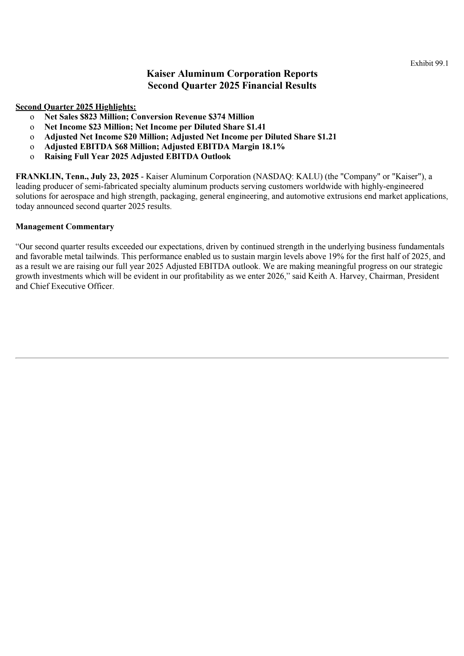 Kaiser Aluminum's Q2 2025 Press Release
