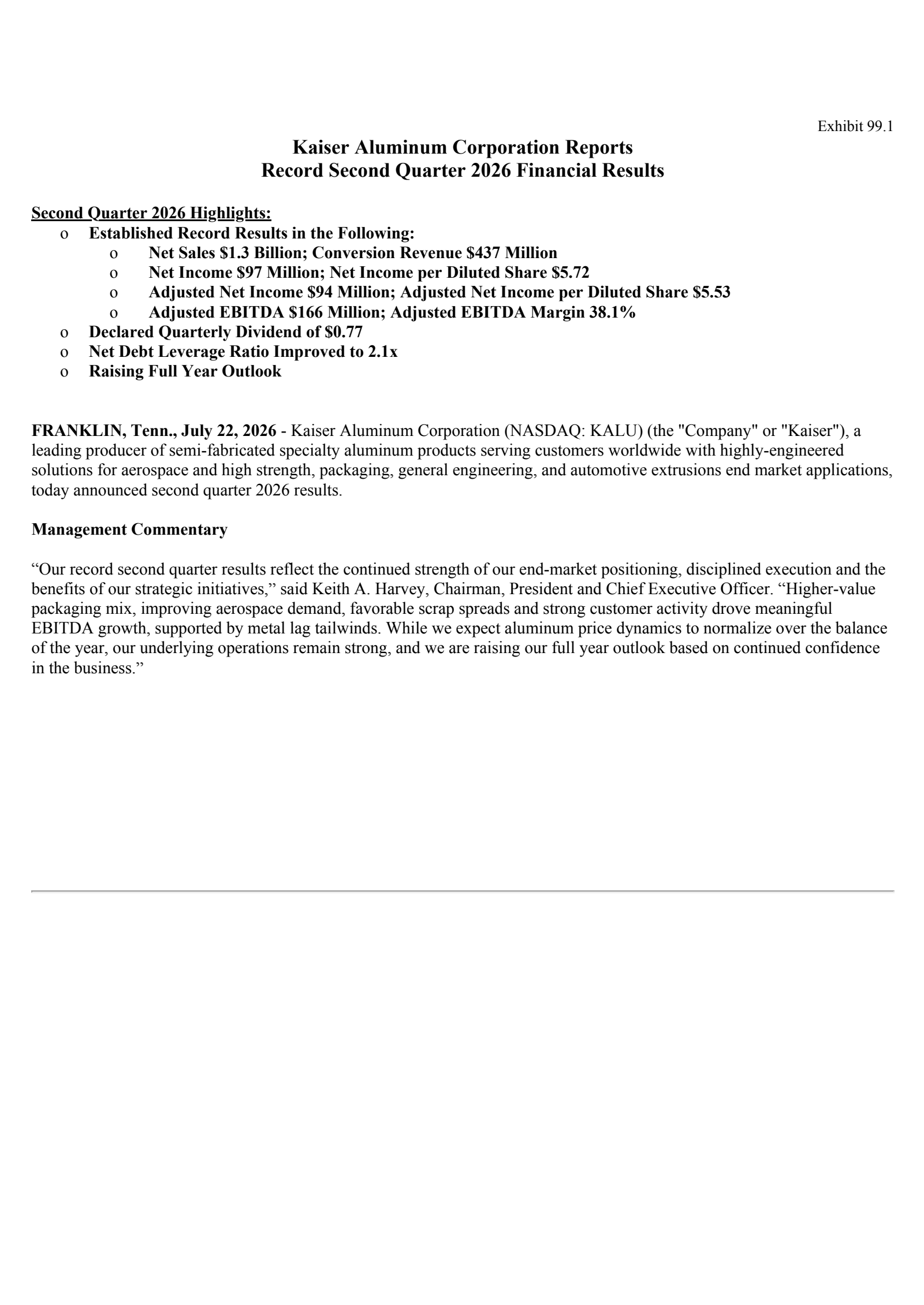 Kaiser Aluminum's Q2 2026 Press Release