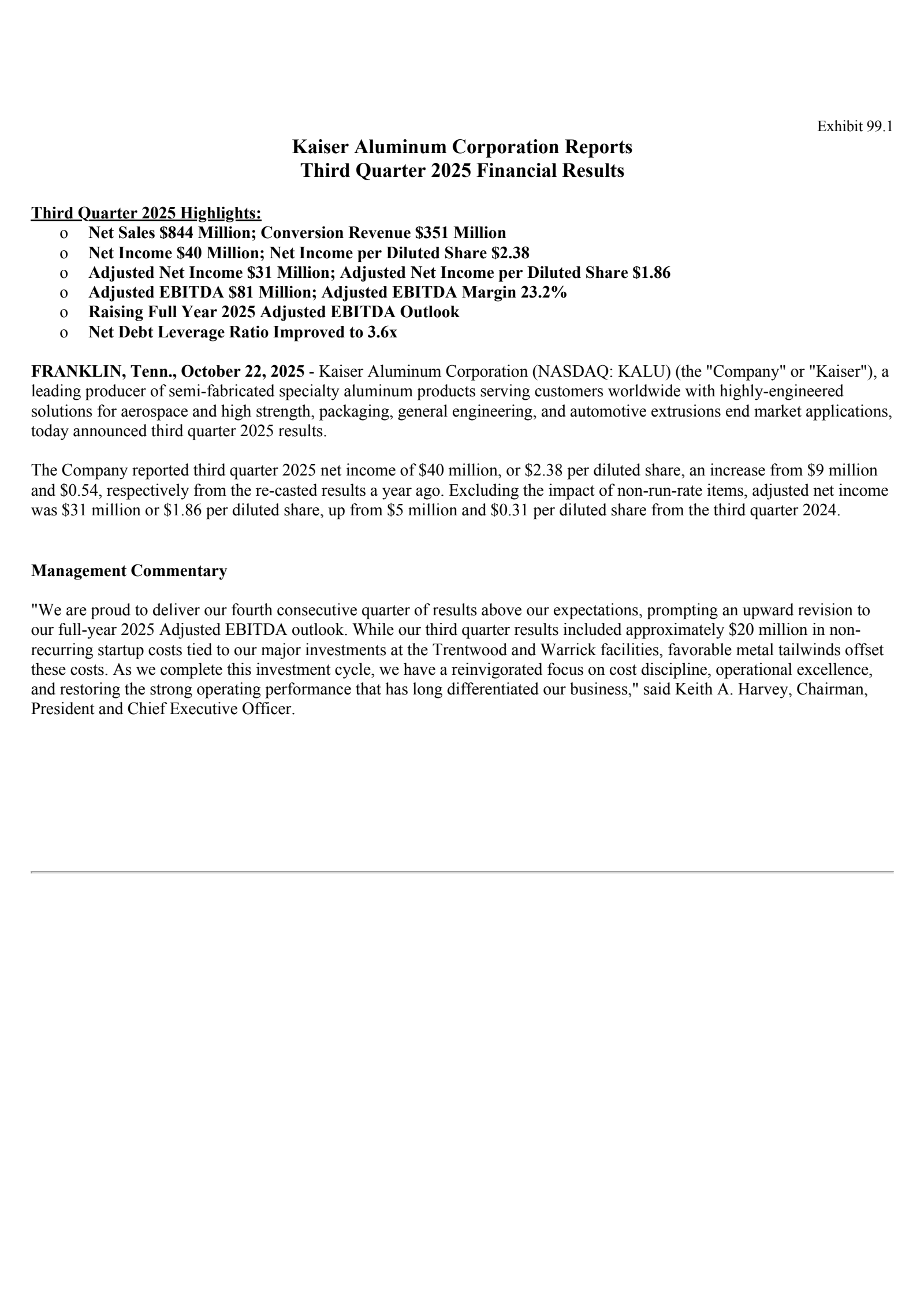 Kaiser Aluminum's Q3 2025 Earnings Release
