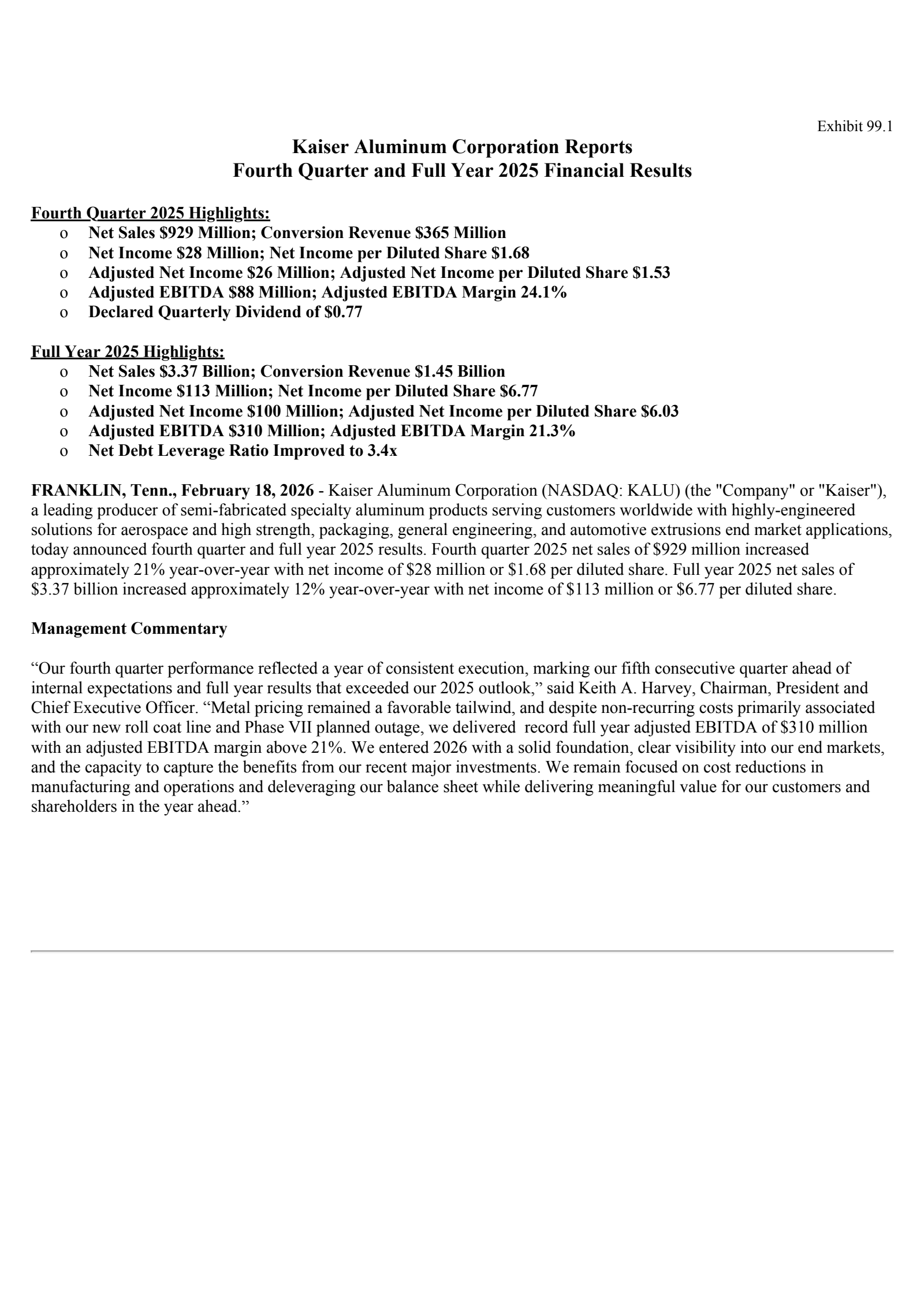 Kaiser Aluminum's Q4 2025 Press Release