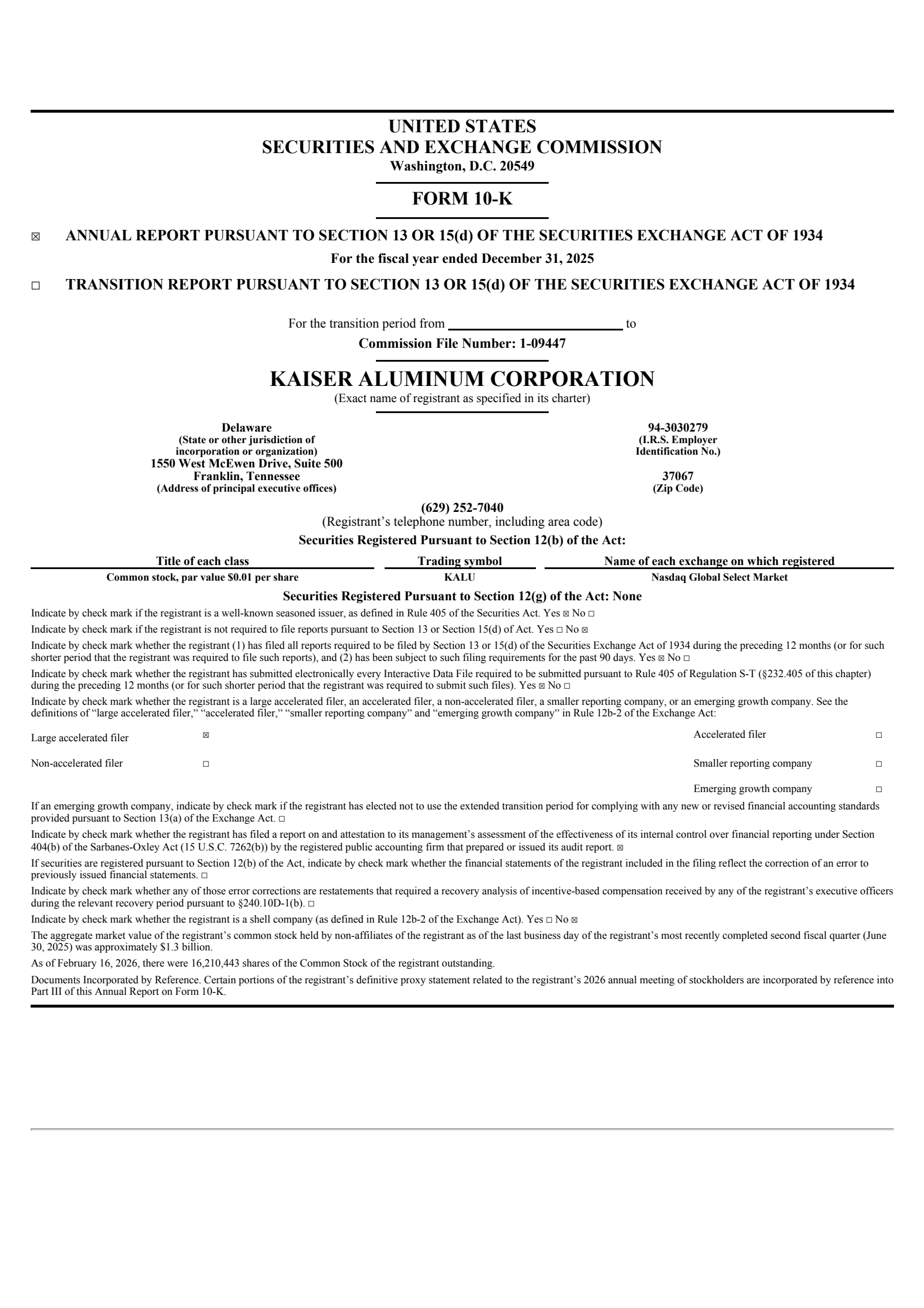 Kaiser Aluminum's Q4 2025 Annual report