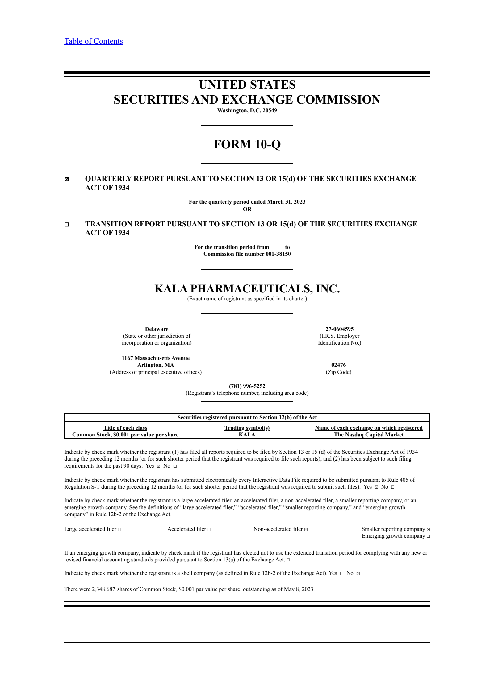 KALA BIO's Q1 2023 Quarterly report