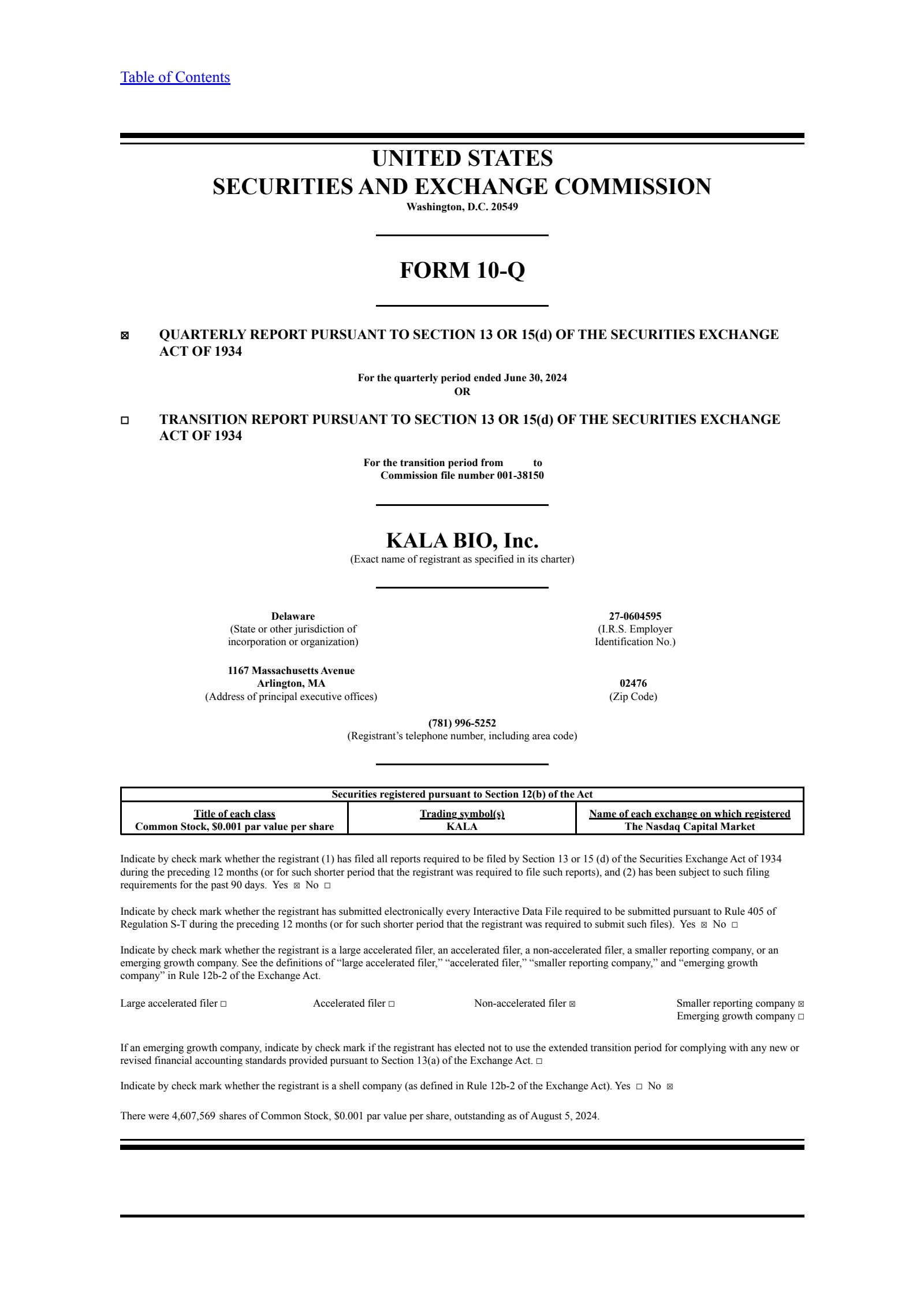 KALA BIO's Q2 2024 Quarterly report