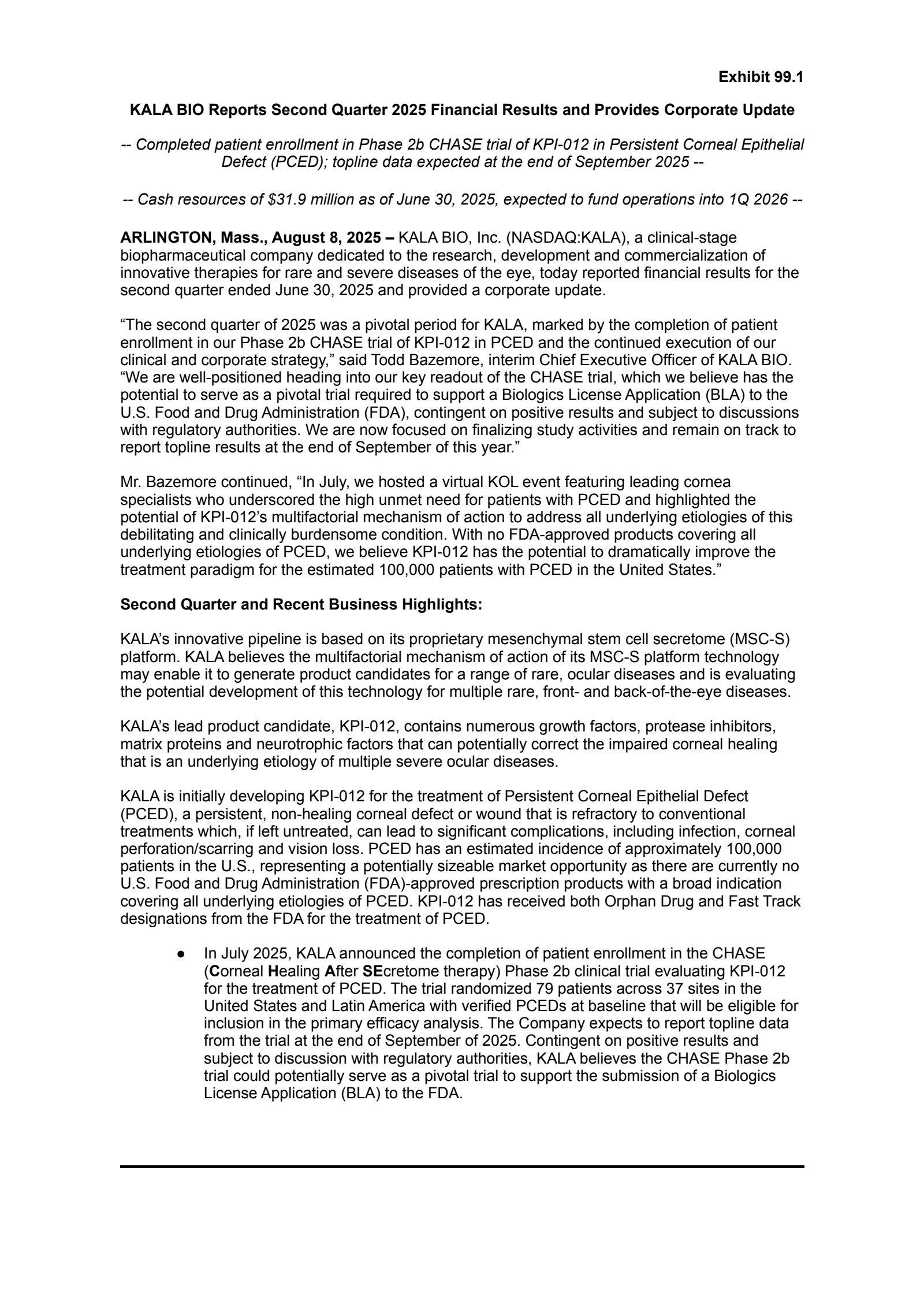 KALA BIO's Q2 2025 Press Release