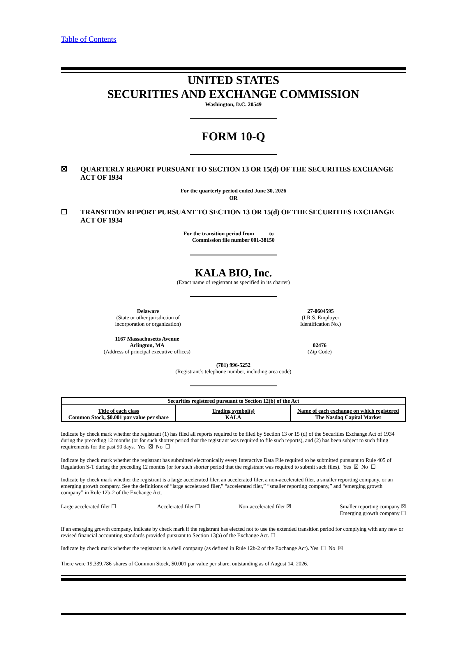 KALA BIO's Q2 2026 Quarterly report