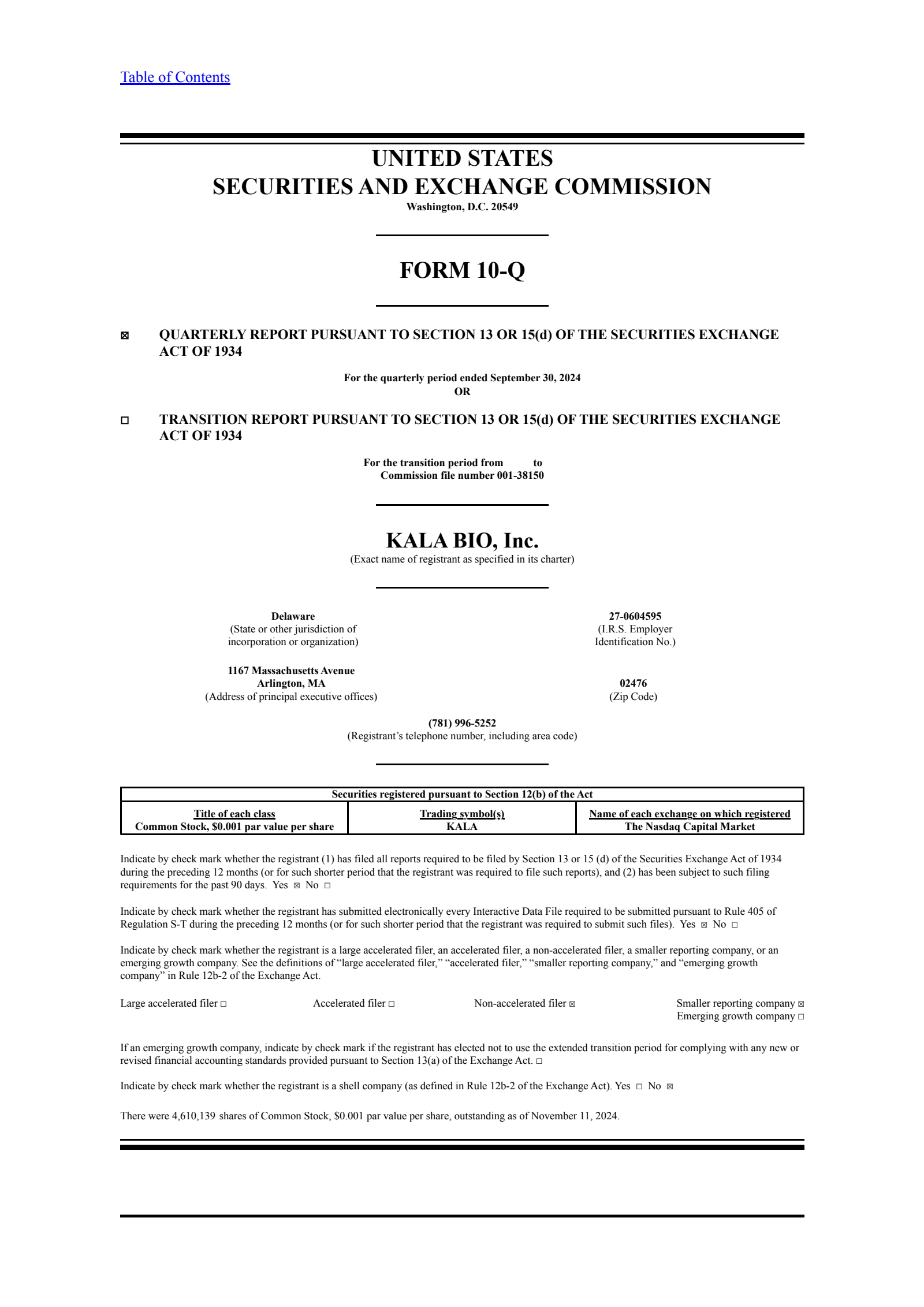 KALA BIO's Q3 2024 Quarterly report
