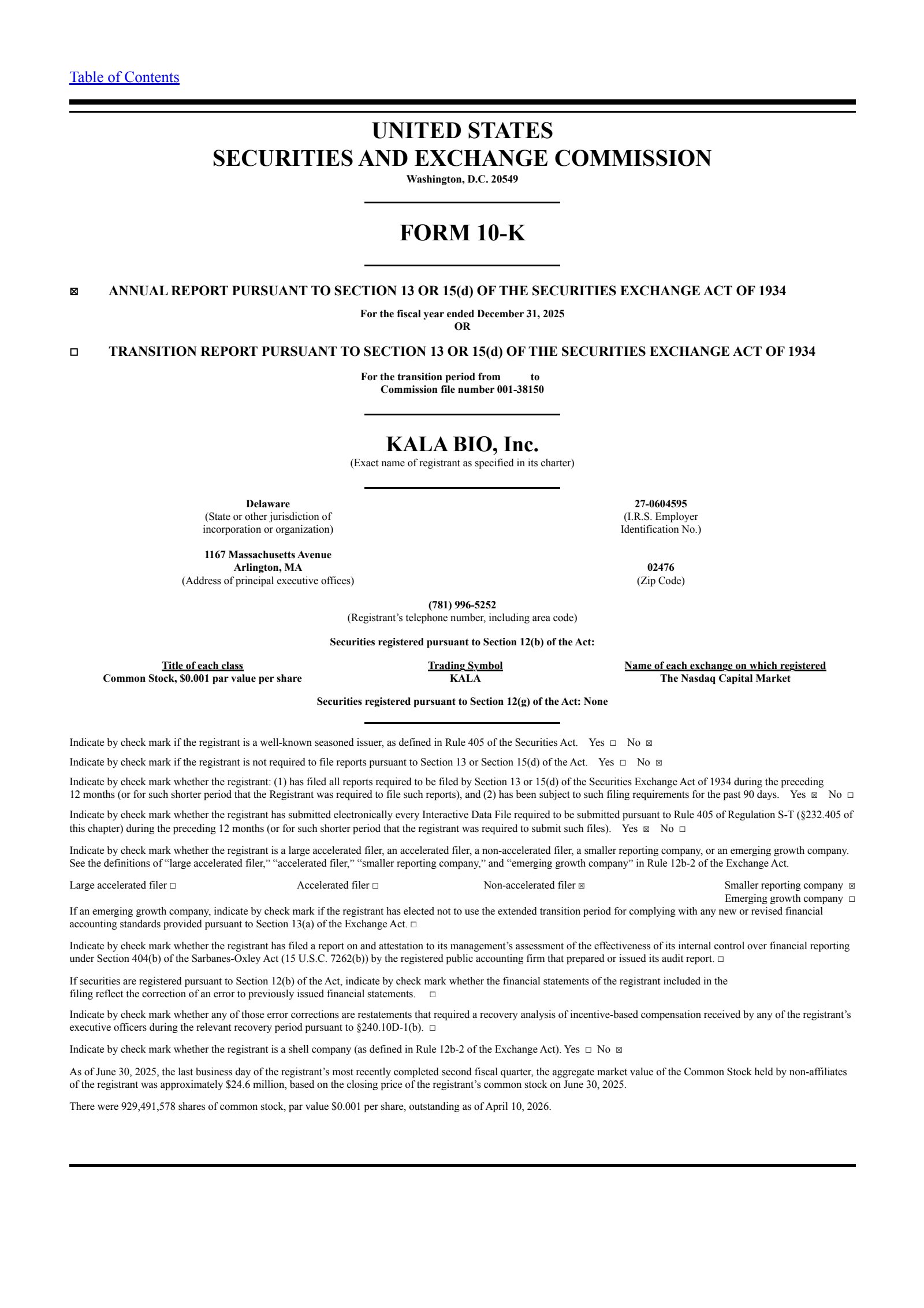 KALA BIO's Q4 2025 Annual report